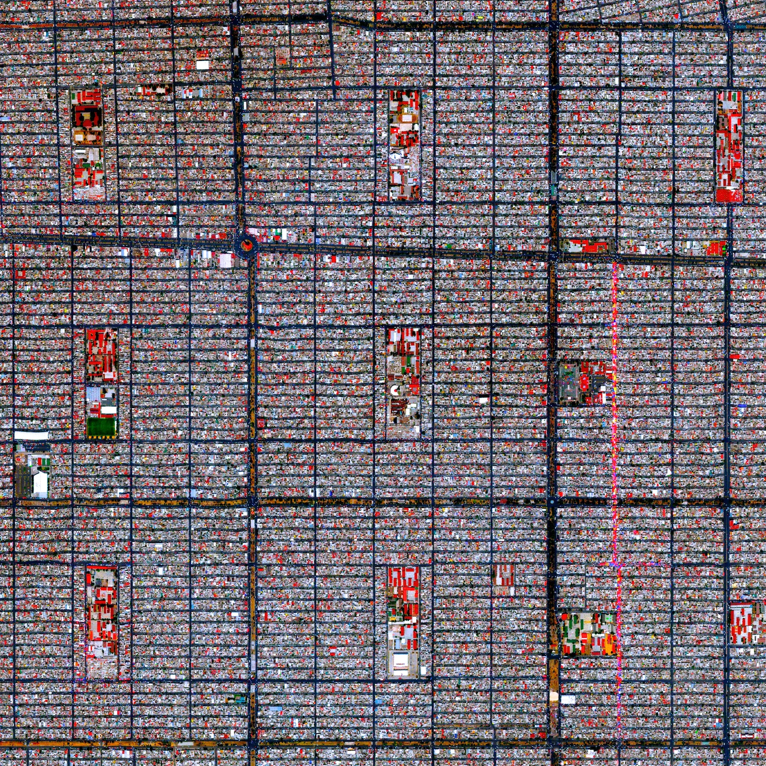 7/12/2015 Ciudad Nezahualcóyotl Mexico City, Mexico 19°24′00″N 98°59′20″W This Overview captures the tightly gridded streets of Nezahualcóyotl, a municipality of Mexico City. With a population of more than one million (all of Mexico City contains approximately nine million), the area is home to many of the capital’s citizens who have migrated there from other parts of the country. We're excited to announce that a print of this Overview will be on display at our first gallery show - "New perspectives from above” - that starts this week. There will be an opening reception Tuesday night from 7-9pm at Cloud Gallery (66 West Broadway). Prints will be on display until August 14th so hopefully our followers in NYC can check it out!