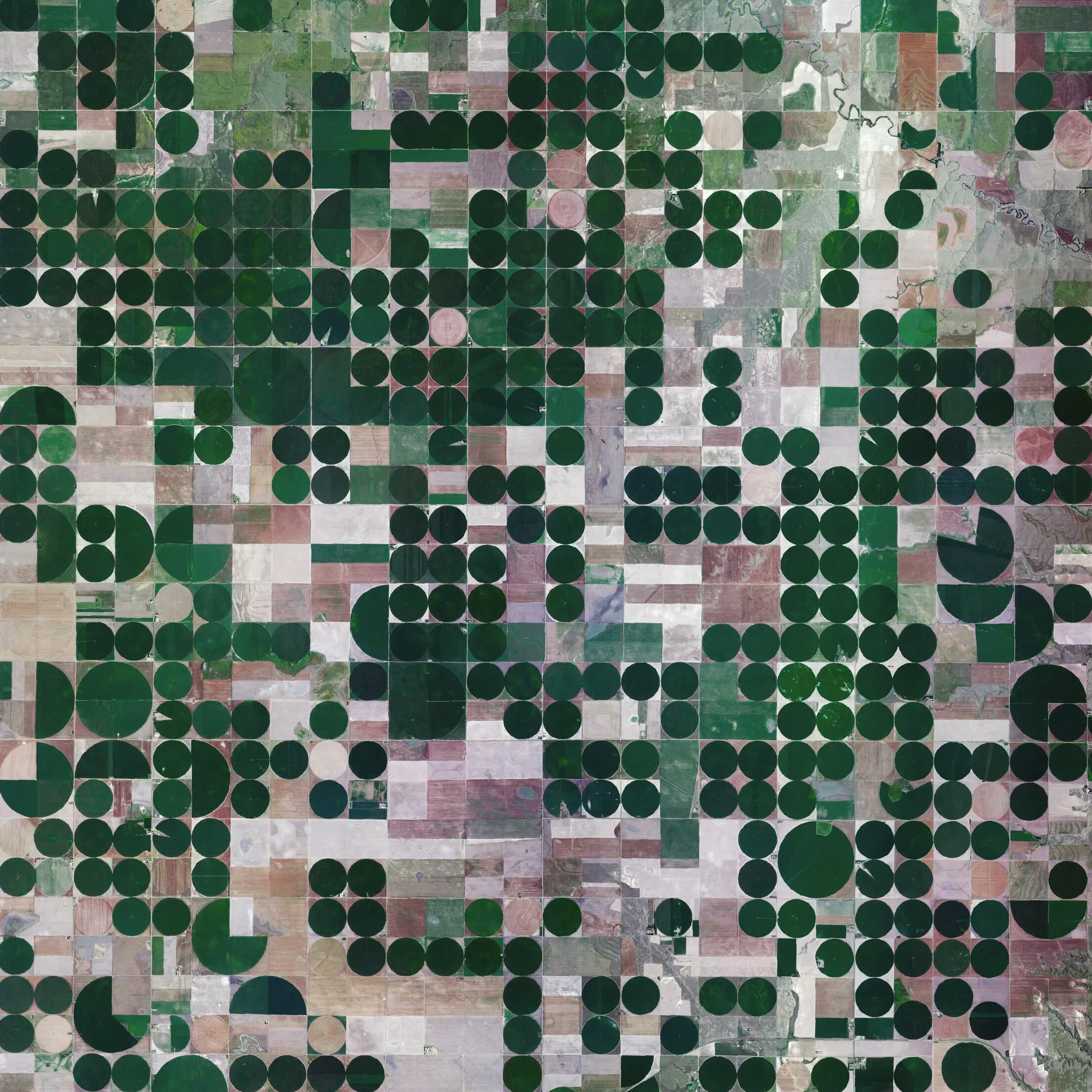 10/7/2015 Pivot irrigation fields Copeland, Kansas, USA 37.631919632°, -100.706841568° Pivot irrigation fields cover the landscape north of Copeland, Kansas, USA. Powered by electric motors, lines of sprinklers rotate 360 degrees to evenly irrigate crops.