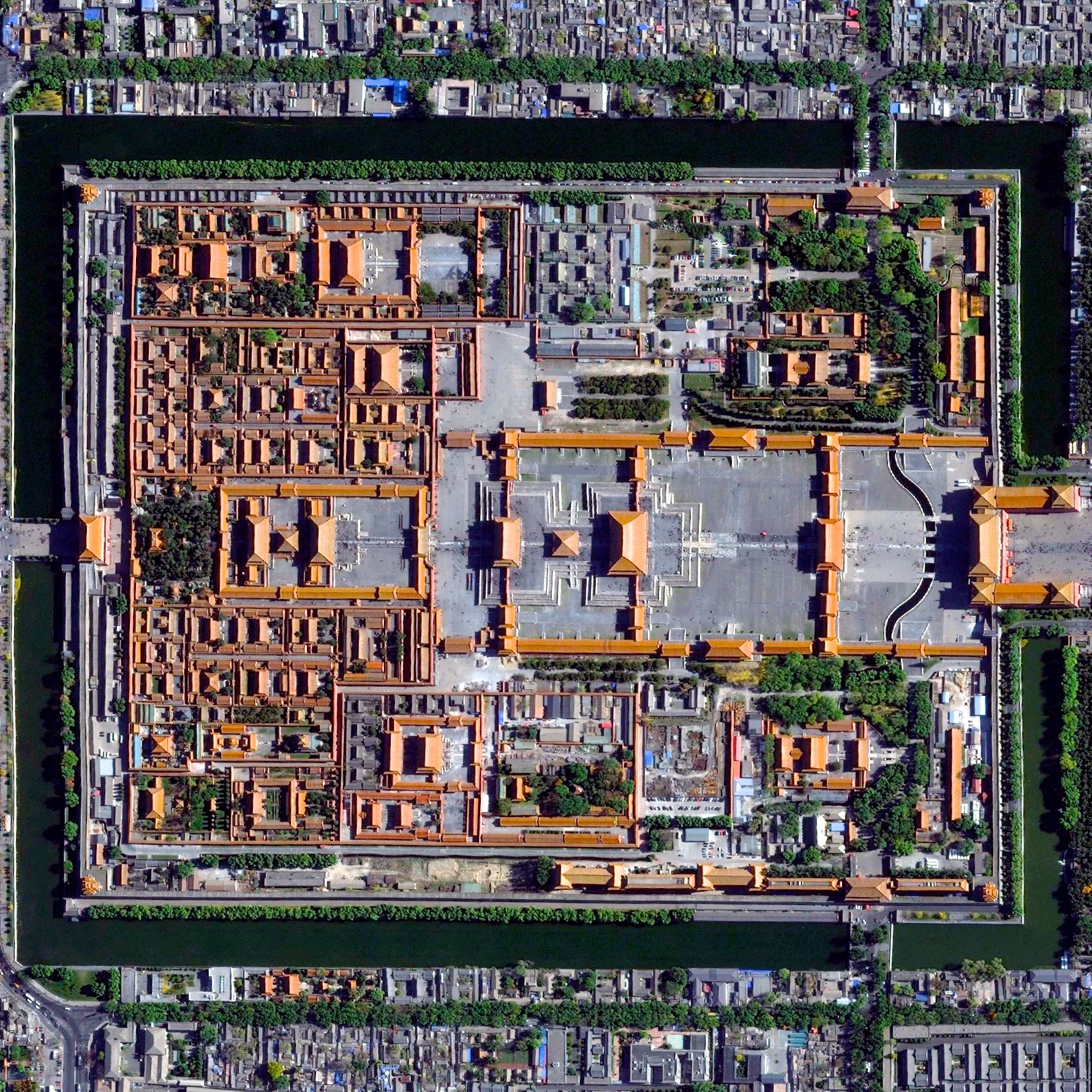 12/27/2015 Forbidden City Beijing, China 39°54′53″N 116°23′26″E Here’s another favorite Overview from 2015. The Forbidden City in Beijing, China was built from 1406 until 1420 by more than one million workers. The palace complex, which contains 9,999 rooms, is surrounded by walls and a moat that are 26 feet high and 171 feet wide, respectively.