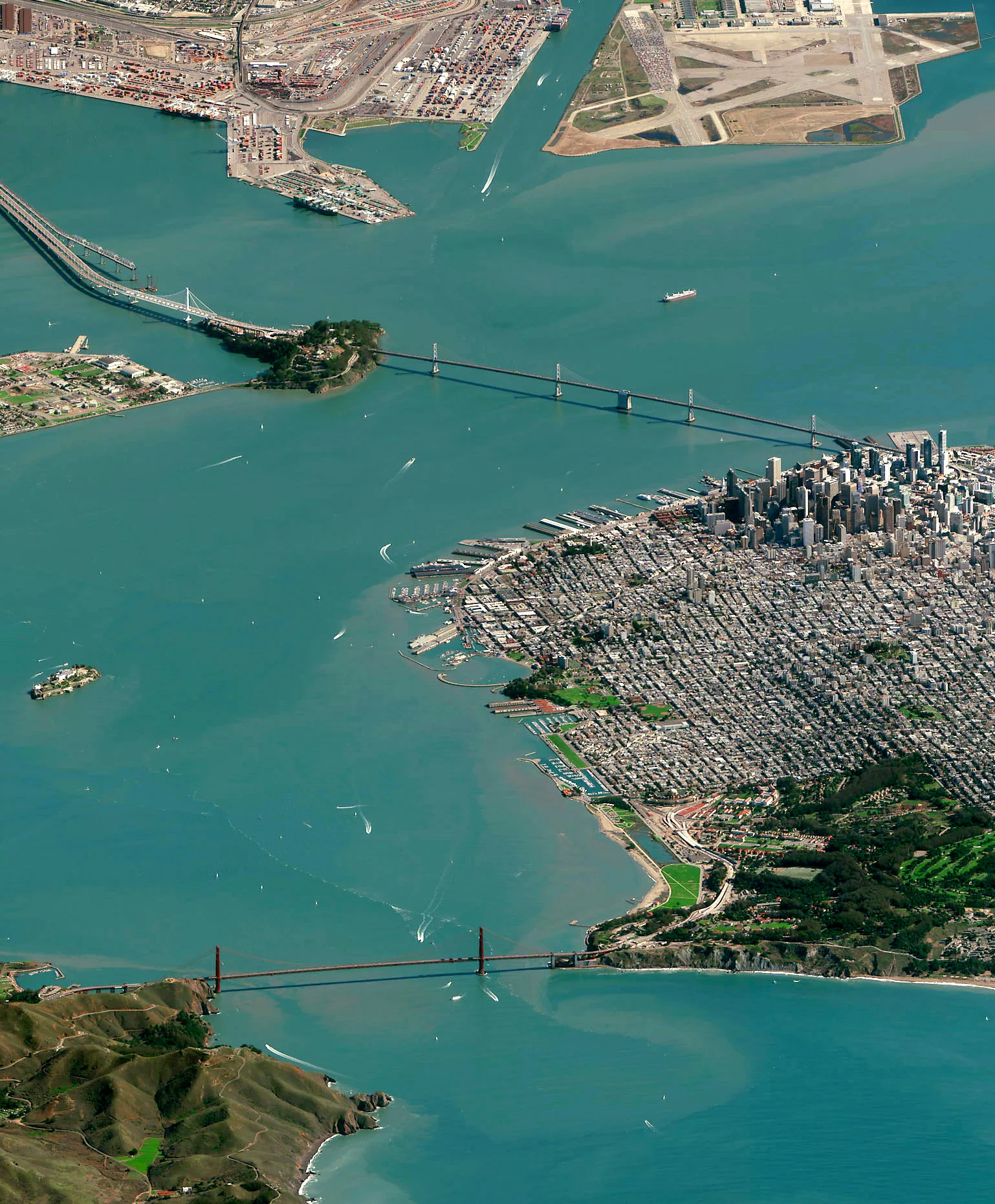 Check out this detail shot of the Golden Gate Bridge, the Bay Bridge, and downtown San Francisco from yesterday's Overview. You can also see the full print, by clicking on the link here: http://www.dailyoverview.com/printshop/sflowangle
