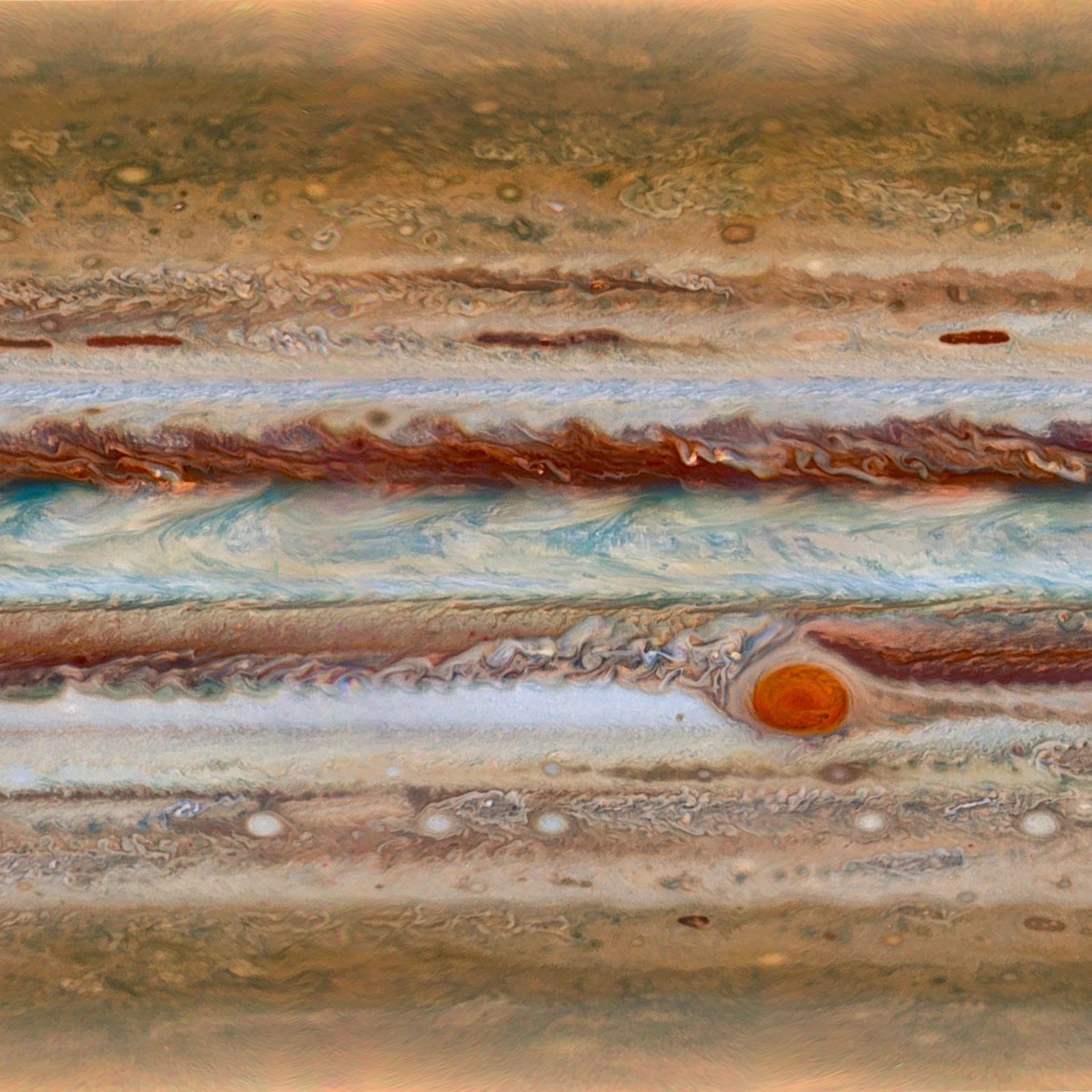 After five years of travel to Jupiter, NASA’s Juno spacecraft entered into the massive planet's orbit late last night. For a sense of scale, the Great Red Spot you can see here at right is far larger than all of planet Earth! Jupiter was most likely the first planet formed after our sun and the technology aboard Juno could lead us to have a better understanding of the origins of our solar system. This Overview was created from a composite of imagery fro the Hubble Telescope that shows the entire surface of the planet at once. The focus of Daily Overview is usually on Earth, but this exciting event inspired us to look outwards for a moment, rather than back at ourselves. Beyond changing the way we see our planet, we believe an inquisitive gaze into the greater universe that surrounds us can do wonders for our yearning to explore and to help us find the perspective that we need. Image courtesy of NASA