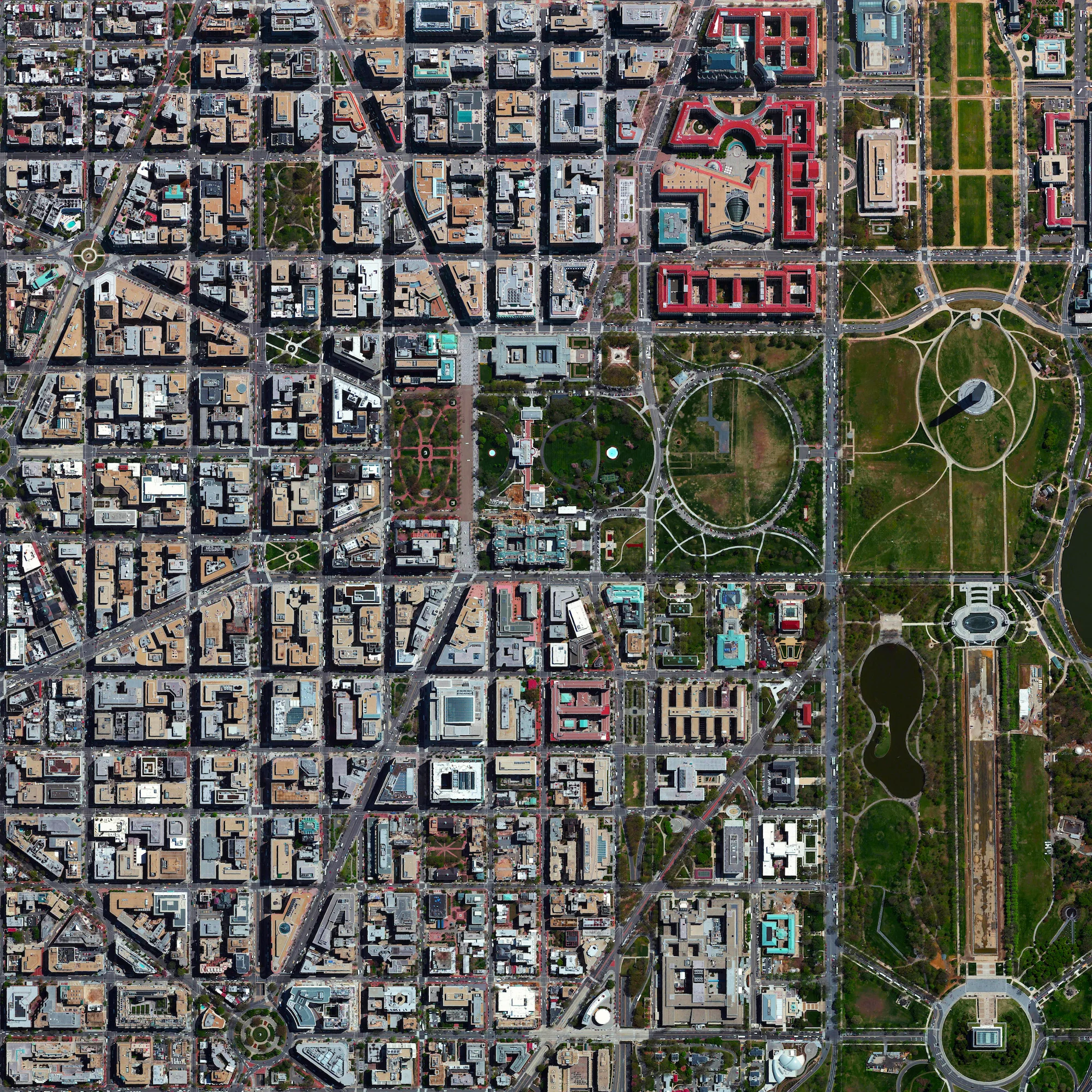 8/23/2016 L'Enfant Plan Washington, D.C, USA 38°53′26″N 77°1′13″W We’re continuing this week's focus on urban planning with this Overview of Washington, D.C., USA. The city's L'Enfant Plan was developed in 1791 by Major Pierre Charles L'Enfant for George Washington, the first President of the United States. L’Enfant designed a compass-aligned grid for the city’s streets, with intersecting diagonal avenues that were later named after the states of the union. The diagonal avenues also intersect with the north-south and east-west streets at circles and rectangular plazas in order to create more open, green spaces. Lastly, L'Enfant laid out a 400 foot-wide (122 meter) garden-lined “grand avenue” - what is now know as the National Mall – that connects the US Capitol Building, the Washington Monument, and the Lincoln Memorial (the latter two are visible at right in this Overview). 