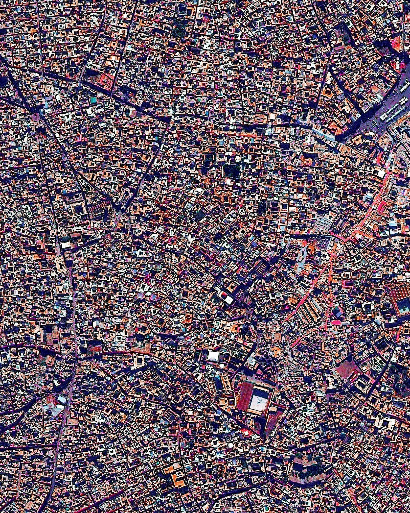 9/29/2016 Medina quarter Marrakesh, Morocco 31.633080724°, -7.986173343° The medina quarter in Marrakesh, Morocco is characterized by its winding, maze-like streets. Because the intricately connected honeycomb of alleyways narrows to less than a meter wide (~ 3 feet) at certain spots, the area is generally free from car traffic.