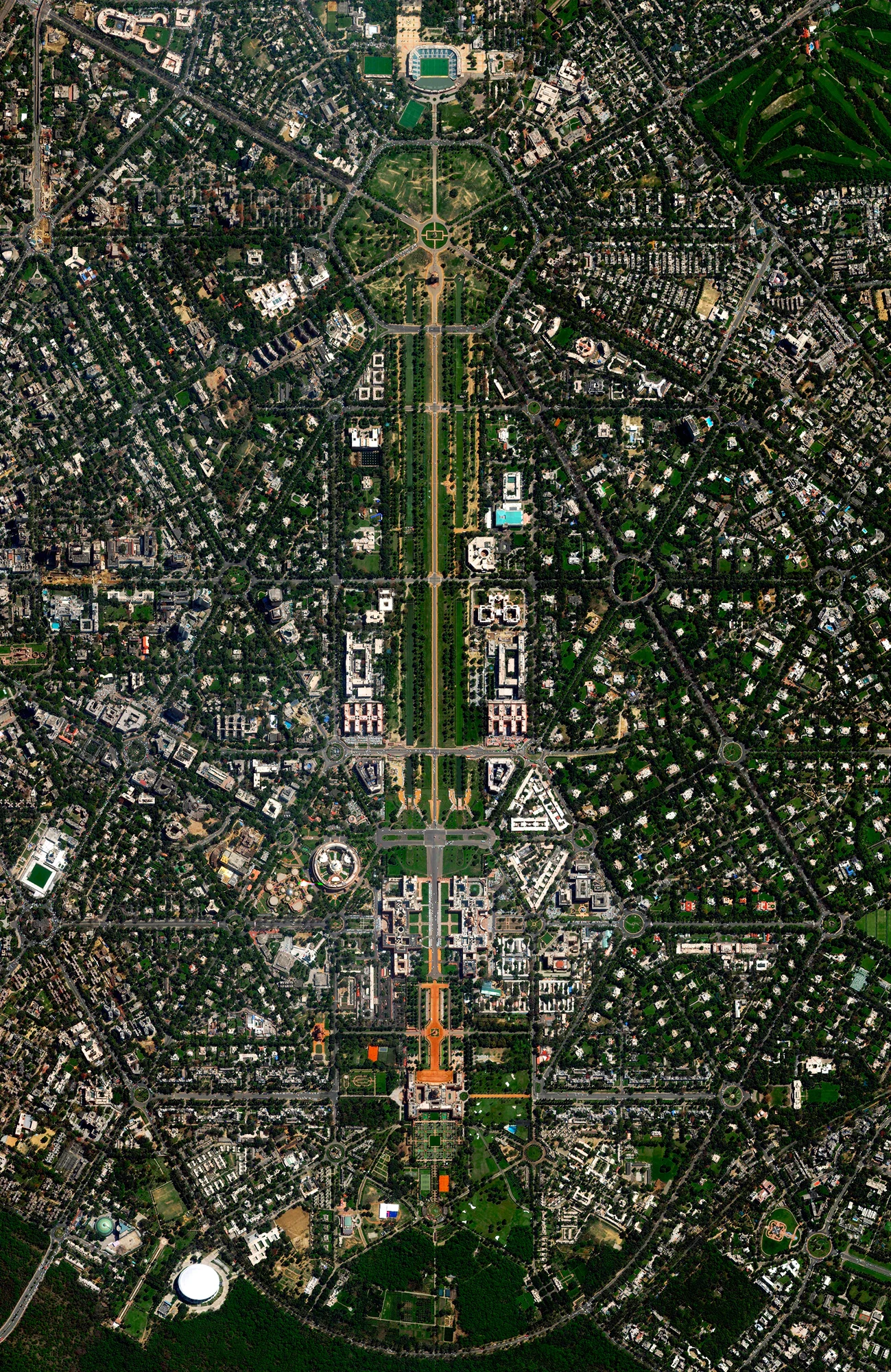 5/7/2017 New Delhi Delhi, India 28.615593, 77.209023 New Delhi serves as the capital of India and is home to more than 21 million residents in its metro area. Officially inaugurated in February 1931, the city was planned by British architects Sir Edwin Lutyens and Sir Herbert Baker. Their design centered around two promenades - the Rajpath and the Janpath - that run perpendicular to each other and intersect here at center. Source imagery: DigitalGlobe