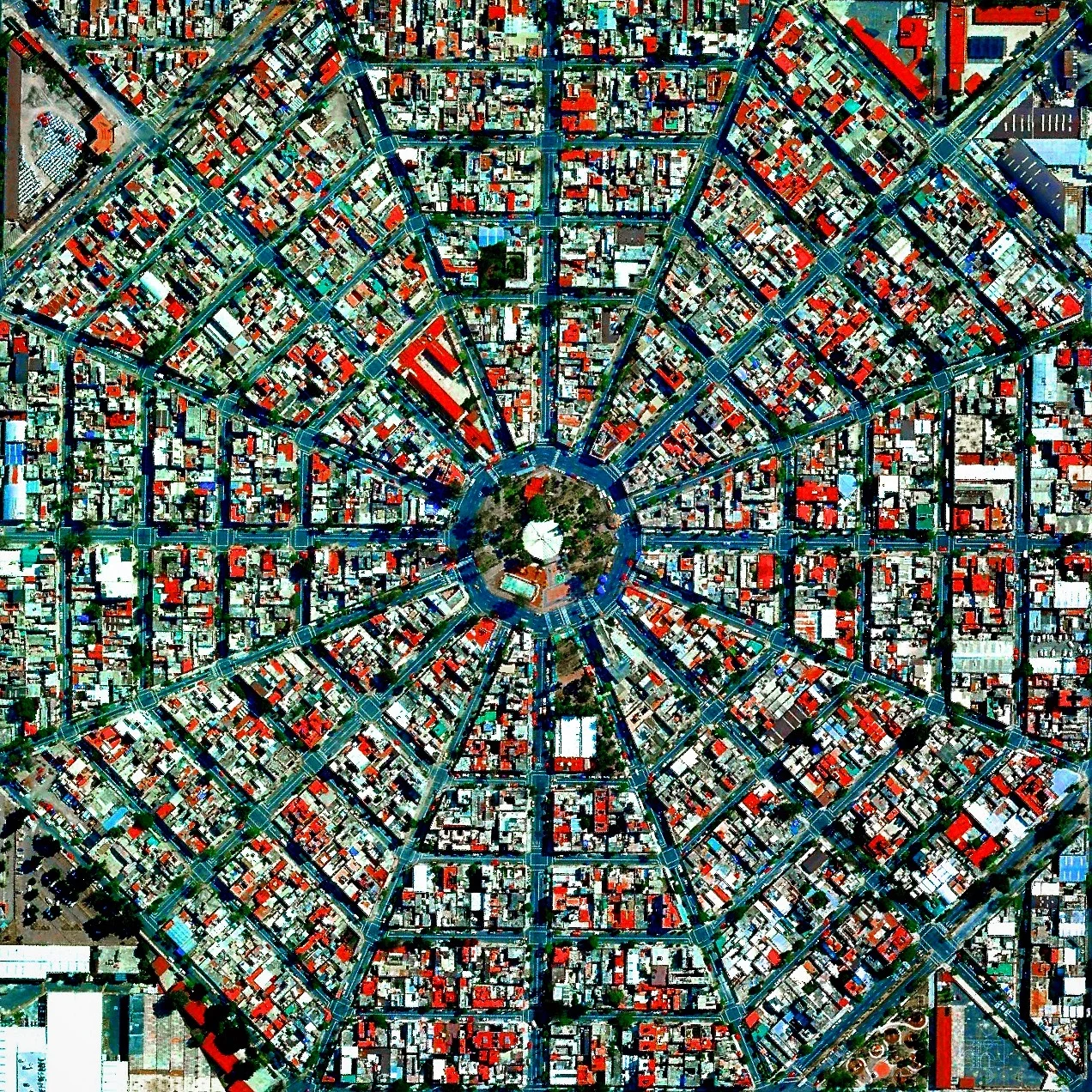 5/28/2017 Plaza Del Ejecutivo Mexico City, Mexico 19.419710, -99.088156 Radiating streets surround the Plaza Del Ejecutivo in the Venustiano Carranza district of Mexico City, Mexico. 