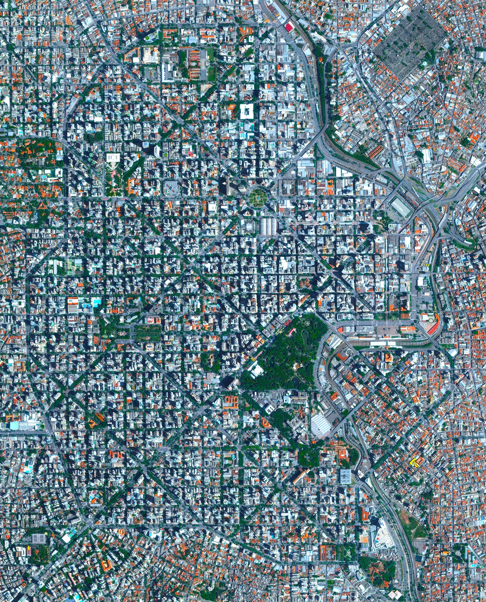 Belo Horizonte is the sixth largest city in Brazil with a population of roughly five million people. The city was constructed at the end of the 19th century with a planned, symmetrical array of perpendicular and diagonal streets in its downtown area. The roads are named after the Brazilian states and the indigenous tribes of Brazil. 19°55′S 43°56′W