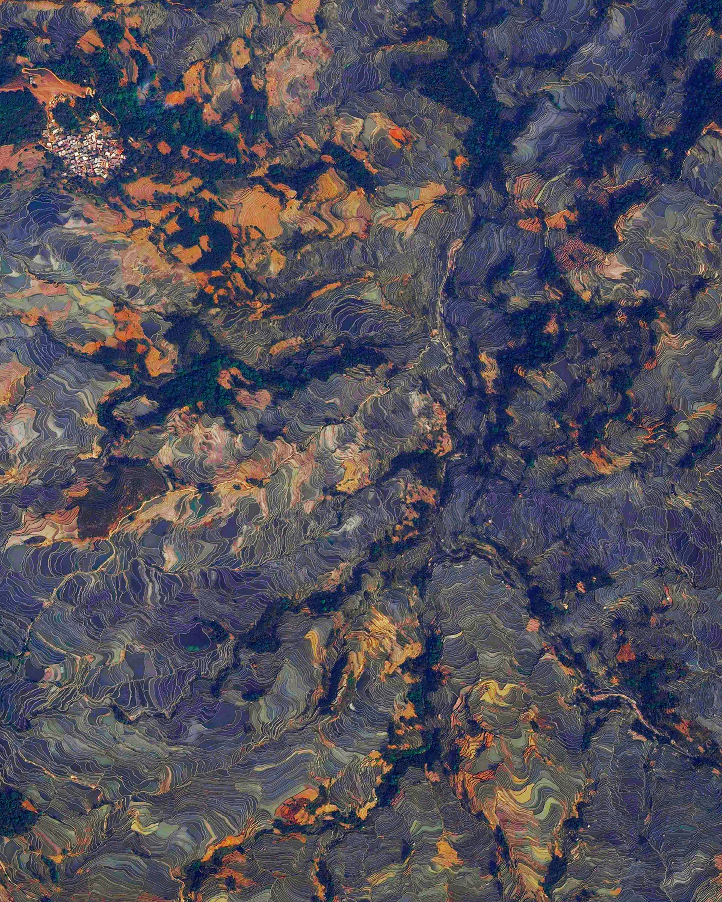 Spectacular, terraced rice paddies cover the mountainsides of Yuanyang County, China. Cultivated by the Hani people for the last 1300 years, the slope of the terraces varies from 15 to 75 degrees with some having as many as 3,000 steps. Approximately 1.5 square miles of paddies are seen here surrounding the small village of Tuguozhai. 23°05'55.3"N, 103°01'22.6"E Source imagery: DigitalGlobe