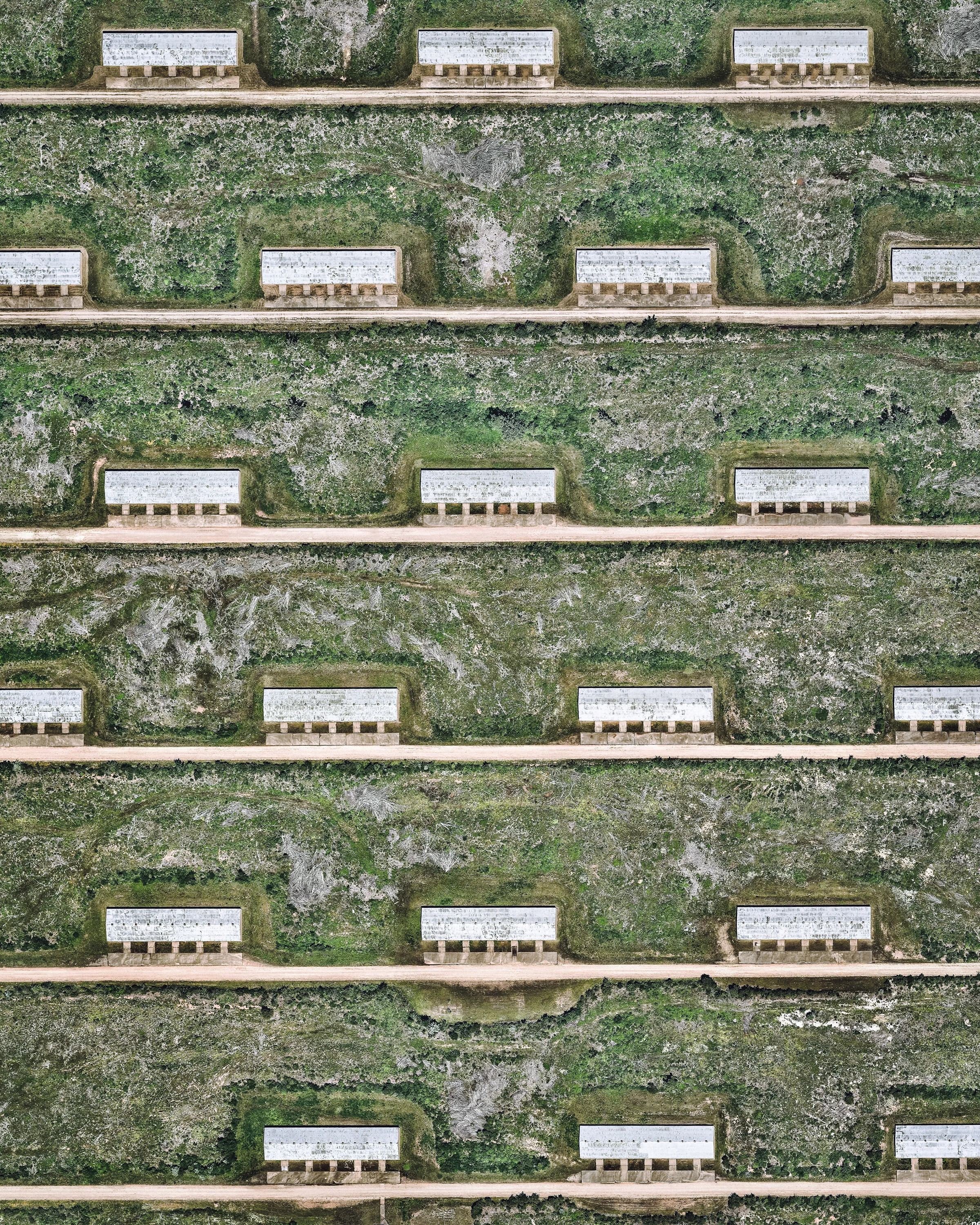 Several rows of storage buildings cover an area inside the Red River Army Depot in Bowie County, Texas. The 15,835-acre depot was activated in 1941 to store ammunition, and it has more than 3 million square feet of storage capacity. Today, it is primarily used as a maintenance and repair center for tactical wheeled vehicles, such as HUMVEEs. 33°26'35.2"N, 94°14'09.4"W Source imagery: Nearmap