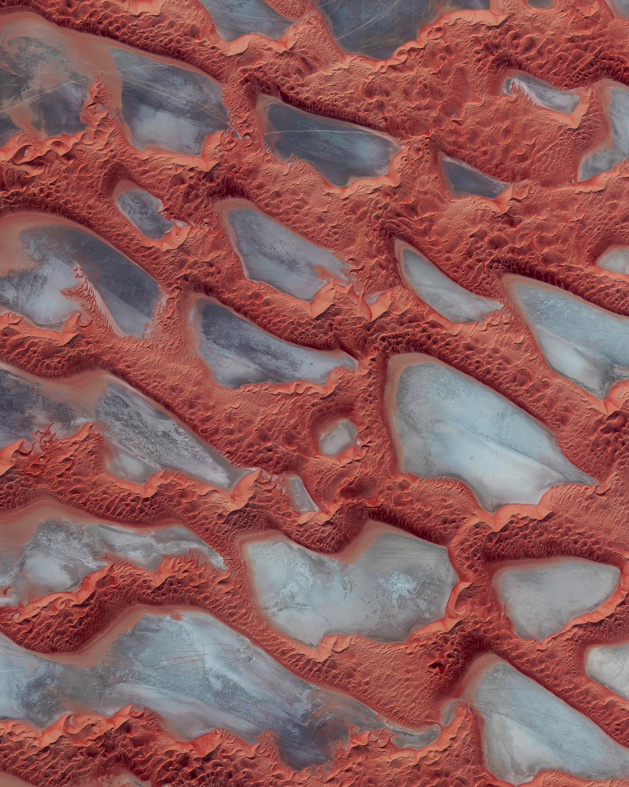 Rub’ al Khali — or “The Empty Quarter” — is the largest sand desert in the world. It covers 251,000 square miles (650,000 sq. km) and includes parts of Saudi Arabia, Oman, Yemen, and the United Arab Emirates. In the center of the desert there are a number of raised, hardened formations that were once the sites of shallow lakes, thousands of years ago. 19°44'54.8"N, 53°07'33.6"E Source imagery: DigitalGlobe