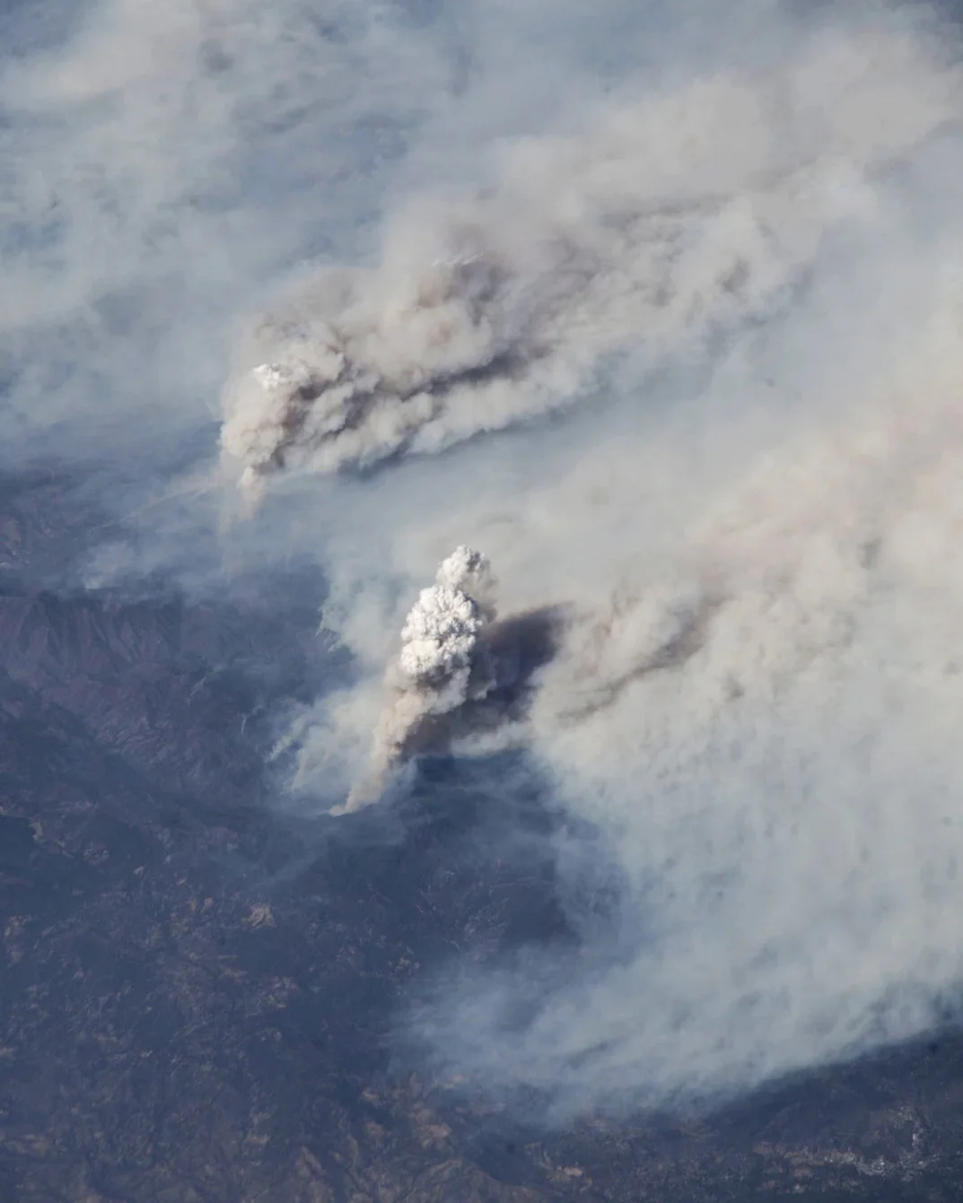 This image of the Carr and Ferguson wildfires in California was taken aboard the International Space Station by European Space Agency astronaut Alexander Gerst on August 3rd. The Carr Fire, which was first reported July 23rd, has burned more than 261 square miles (676 sq. km) in Shasta and Trinity counties and is currently the sixth-most destructive fire in California’s history. The Ferguson Fire began July 13th and has since burned 147 square miles (382 sq. km) in the Sierra and Stanislaus National Forests. Both fires have been attributed to warming temperatures and unprecedented dryness. Source imagery: NASA - National Aeronautics and Space Administration