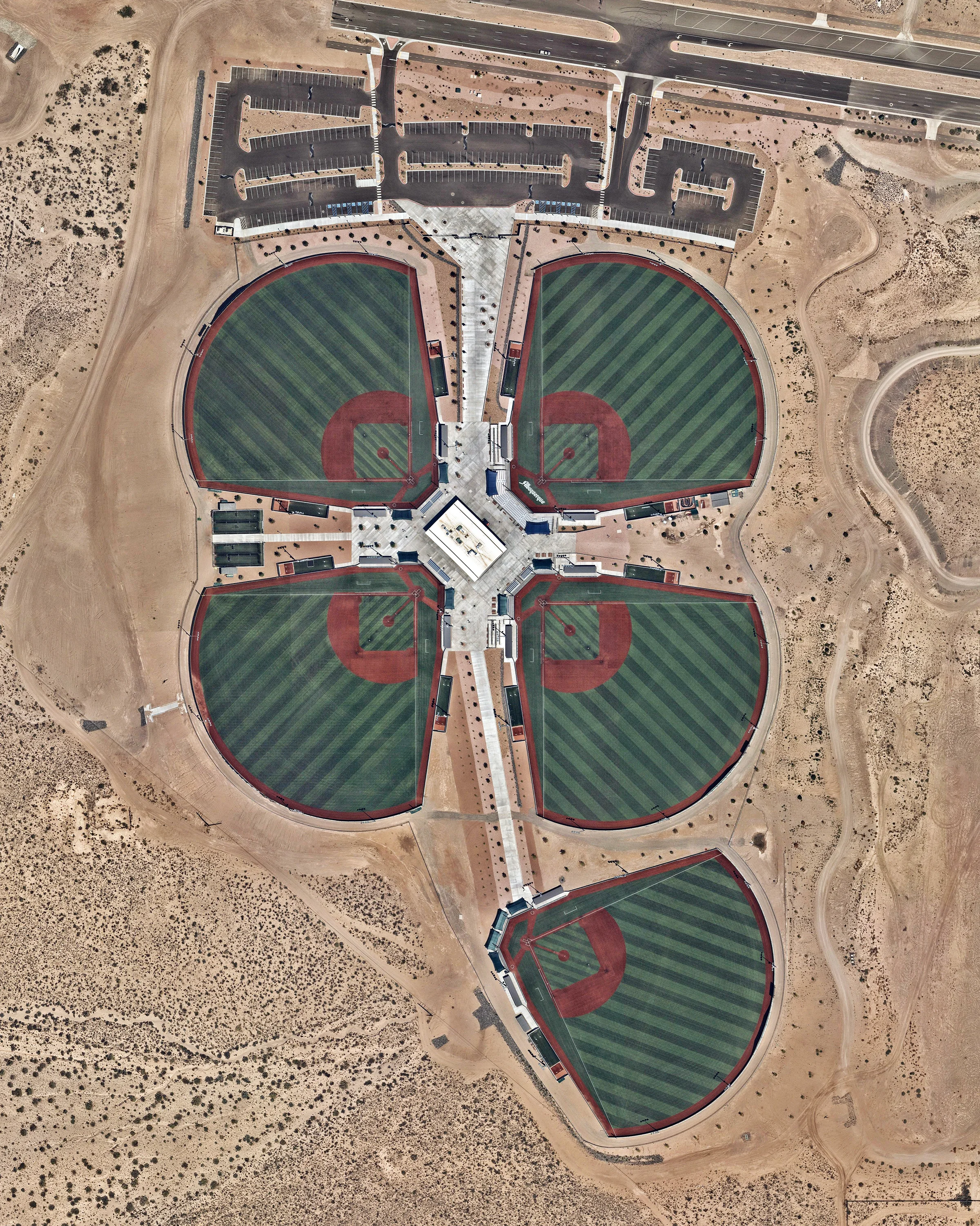 The Albuquerque Baseball Complex is part of an 81-acre, city-owned sports complex in the Westland North community of Albuquerque, New Mexico. Its five fully lit turfed fields provide space for local baseball and softball teams to practice and play, and grandstand seating allows the facility to host regional and national tournaments. Next June, this sports complex will host the National Senior Games, a 20-sport biennial competition for men and women ages 50 and older. 35°05'42.3"N, 106°45'49.1"W Source imagery: Nearmap