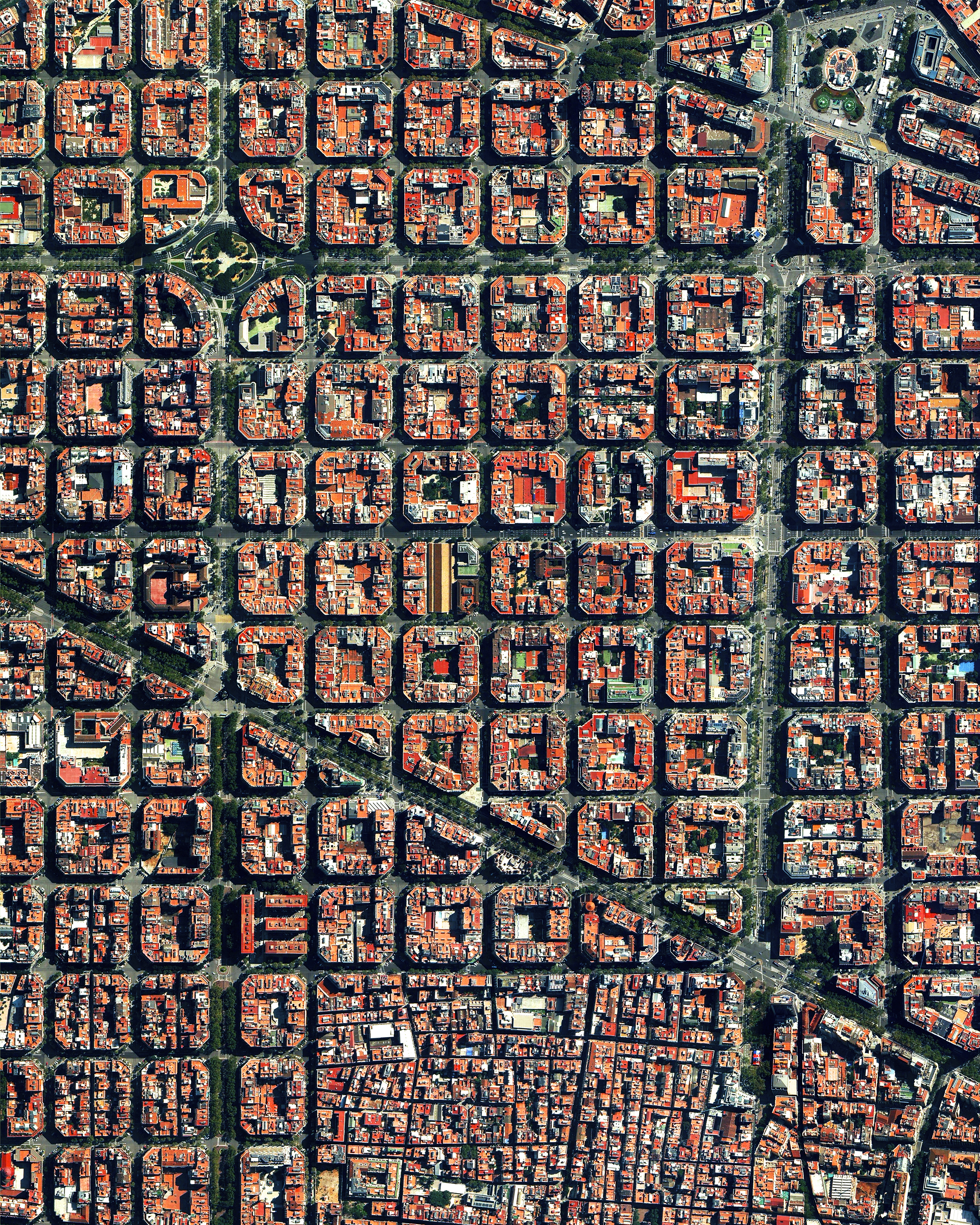 The Eixample district in Barcelona, Spain, is characterized by its strict grid pattern and apartments with communal courtyards. This thoughtful and visionary design was the work of Ildefons Cerdà. His plan features broad streets that widen at octagonal intersections to create greater visibility with increased sunlight, better ventilation, and more space for short-term parking. This image is on display right now at our exhibition at theprintspace in Shoreditch, London. We're also selling prints of it, and – thanks to theprintspace – we are able to offer FREE shipping throughout Europe during the exhibition, which ends November 26th! Visit dailyoverview.com/printshop/country to take advantage of this exclusive offer. 41°23′27′′N, 2°09′47′′E Source imagery: DigitalGlobe