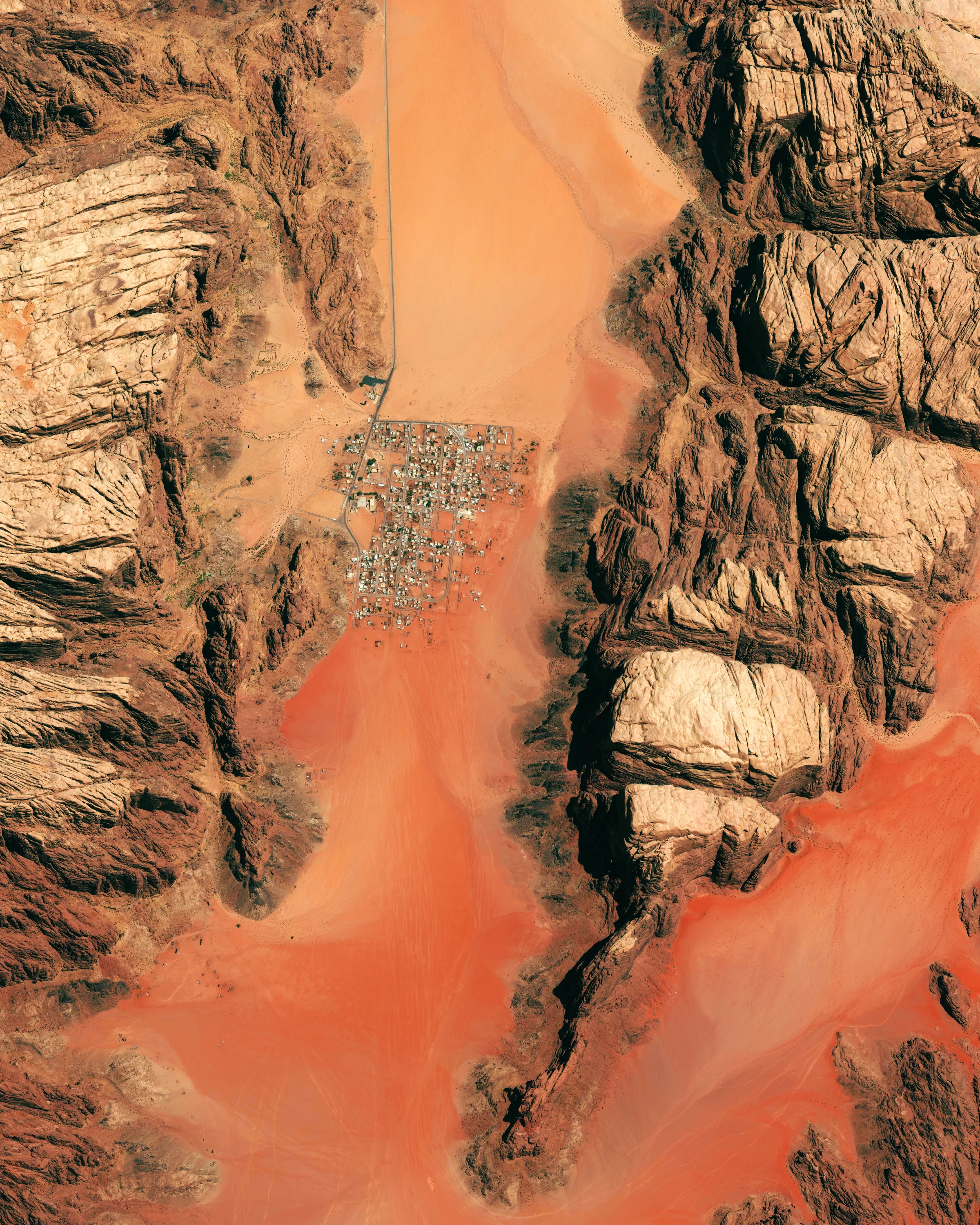 This Overview of Wadi Rum, Jordan, is now 20% off in our Printshop! Just use the code “HOLIDAY20” to get your discount on any print order. Head over to our Printshop now to check out what’s available! Wadi Rum is a village that has been populated by humans since prehistoric times (8th century BC). Early inhabitants left their mark in the form of rock paintings, which have been thoroughly analyzed by historians. The area has also served as a film set for movies such as The Martian and Star Wars Rogue One. 29°35'35.0"N, 35°25'12.0"E Source imagery: DigitalGlobe