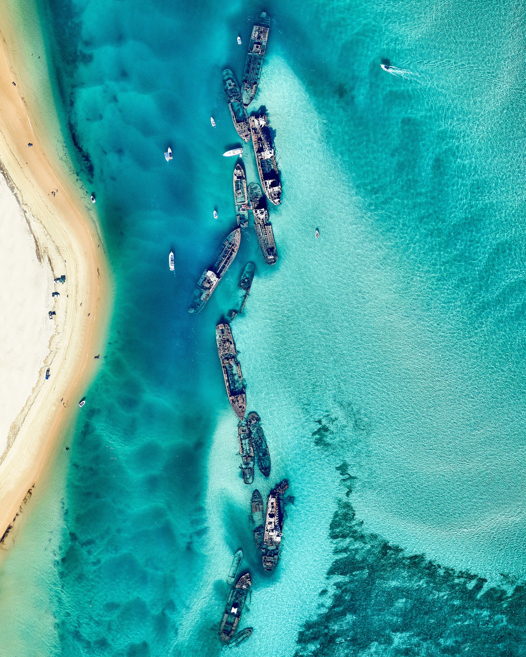 The Tangalooma Wrecks is a shipwreck site on the western side of Moreton Island in South East Queensland, Australia. It consists of 15 vessels that were deliberately sunk in 1963 to form a breakwall for small boats. In addition to providing safe harbor, the wrecks also created a popular dive and snorkel site, attracting a variety of marine life such as wobbegongs, trevally, kingfish, yellowtail and other tropical fish. 27°09'46.2"S, 153°22'06.1"E Source imagery: Nearmap