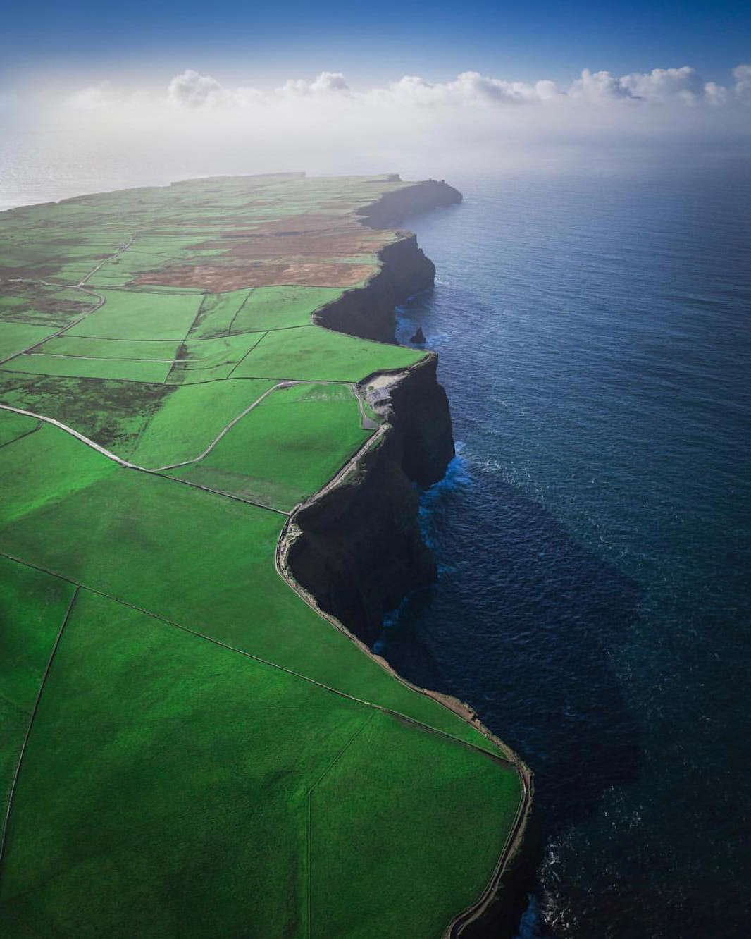Happy St. Patrick’s Day! Here’s an incredible aerial view of the Cliffs of Moher, which stretch for about 8.7 miles (14km) along the Atlantic Ocean in County Clare, Ireland. The cliffs range in height from 390 feet (120m) to 702 feet (214m) and are among the most visited tourist sites in Ireland, with about 1.5 million visitors a year. 52°58'18.3"N, 9°25'34.8"W Source imagery: Max Malloy Photography