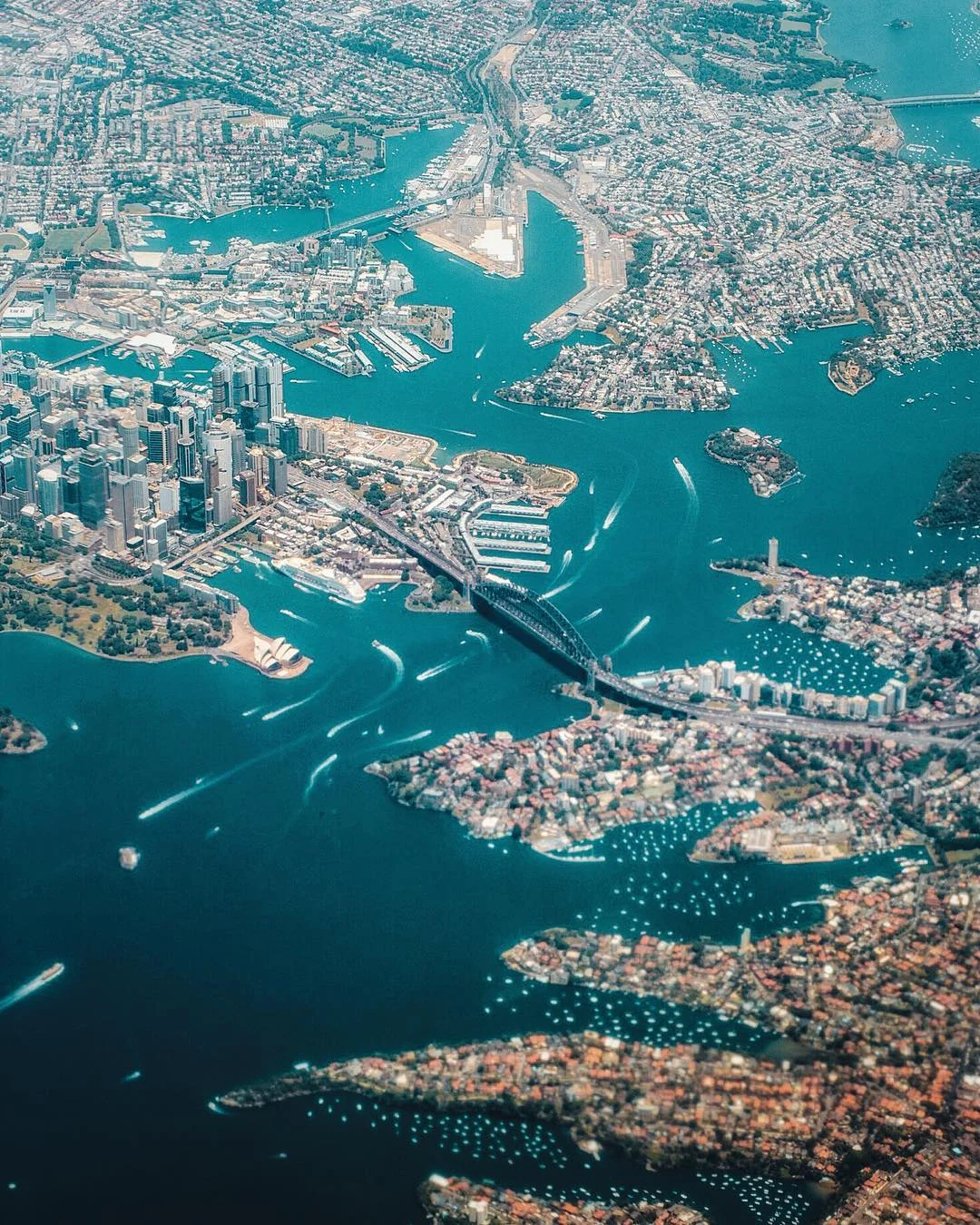Check out this awesome view of Sydney, Australia, taken from the window of a passenger jet leaving the city. Sydney covers a 4,775 square-mile (12,367-sq.-km) area and boasts roughly 2.5 million acres (1 million hectares) of nature reserves and parks. From this perspective, we can see many of the city's landmarks, including the Sydney Harbour Bridge, Sydney Opera House, Royal Botanic Gardens, Sydney Observatory, and others. 33°51'09.7"S, 151°12'38.3"E Source imagery: Walt Loveridge