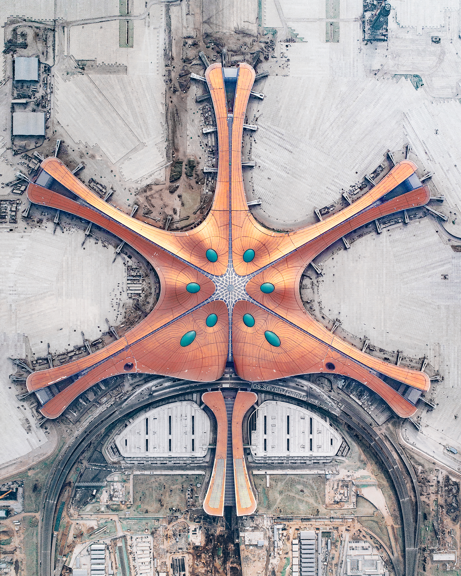 Beijing Daxing International Airport is the second international airport in Beijing, China. Currently under construction, it is expected to open on September 30, 2019, and plans to accommodate 620,000 flights and 100 million passengers per year by 2025. The terminal building, seen here, is the second-largest single-building airport terminal in the world, with an area of more than 11 million square feet (1 million sq. meters). 39.509167, 116.410556 Source imagery: seven7panda