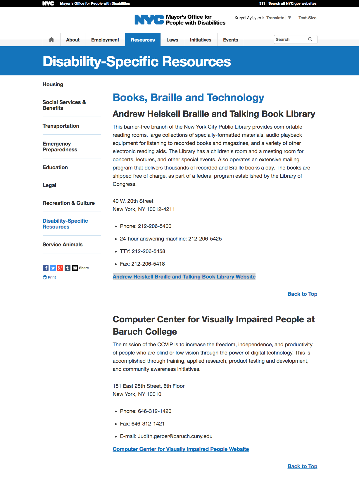 Mayor’s Office for People with Disabilities (MOPD)’s website. Existing design (left) and new design (right).