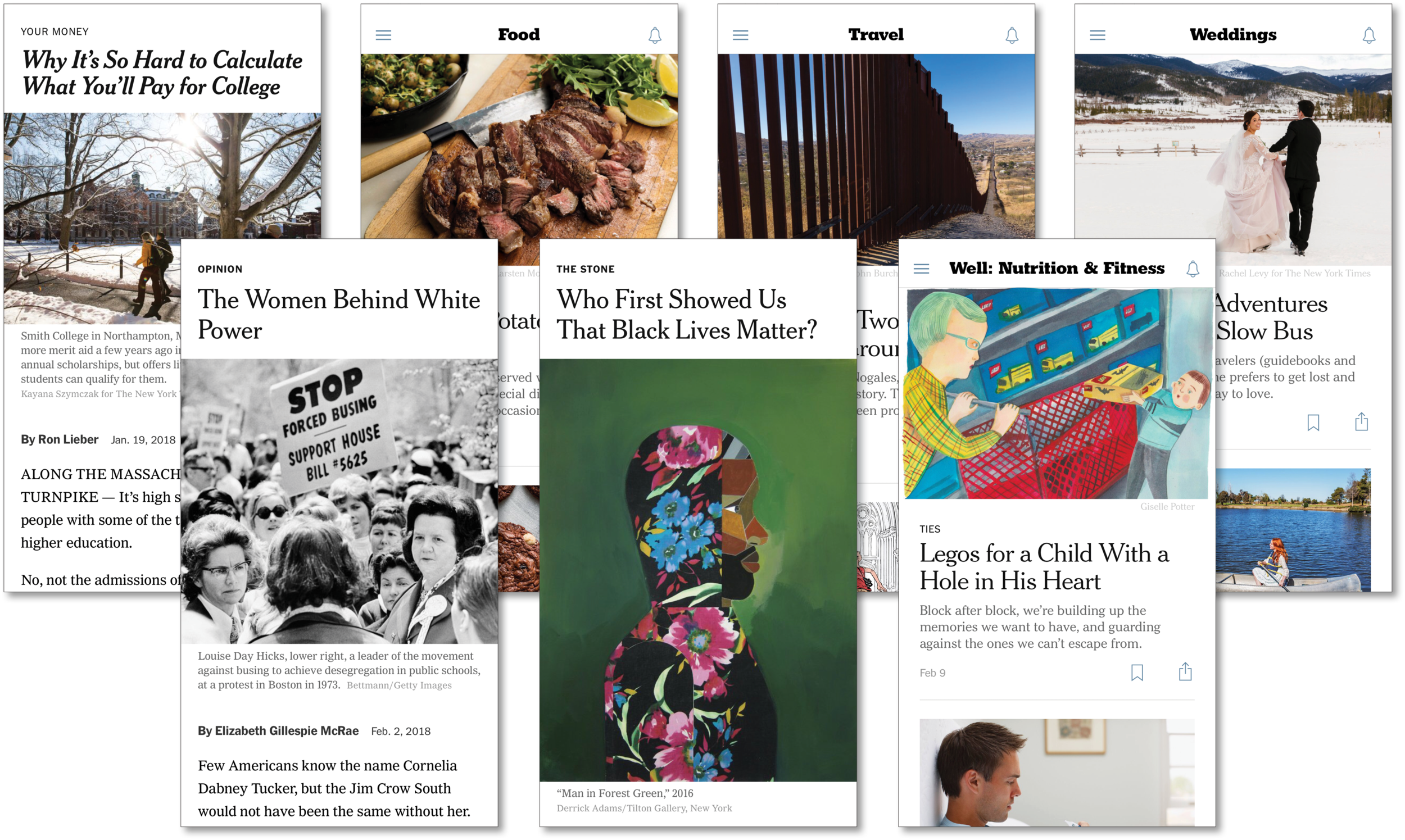 Screenshots of NYT's sections