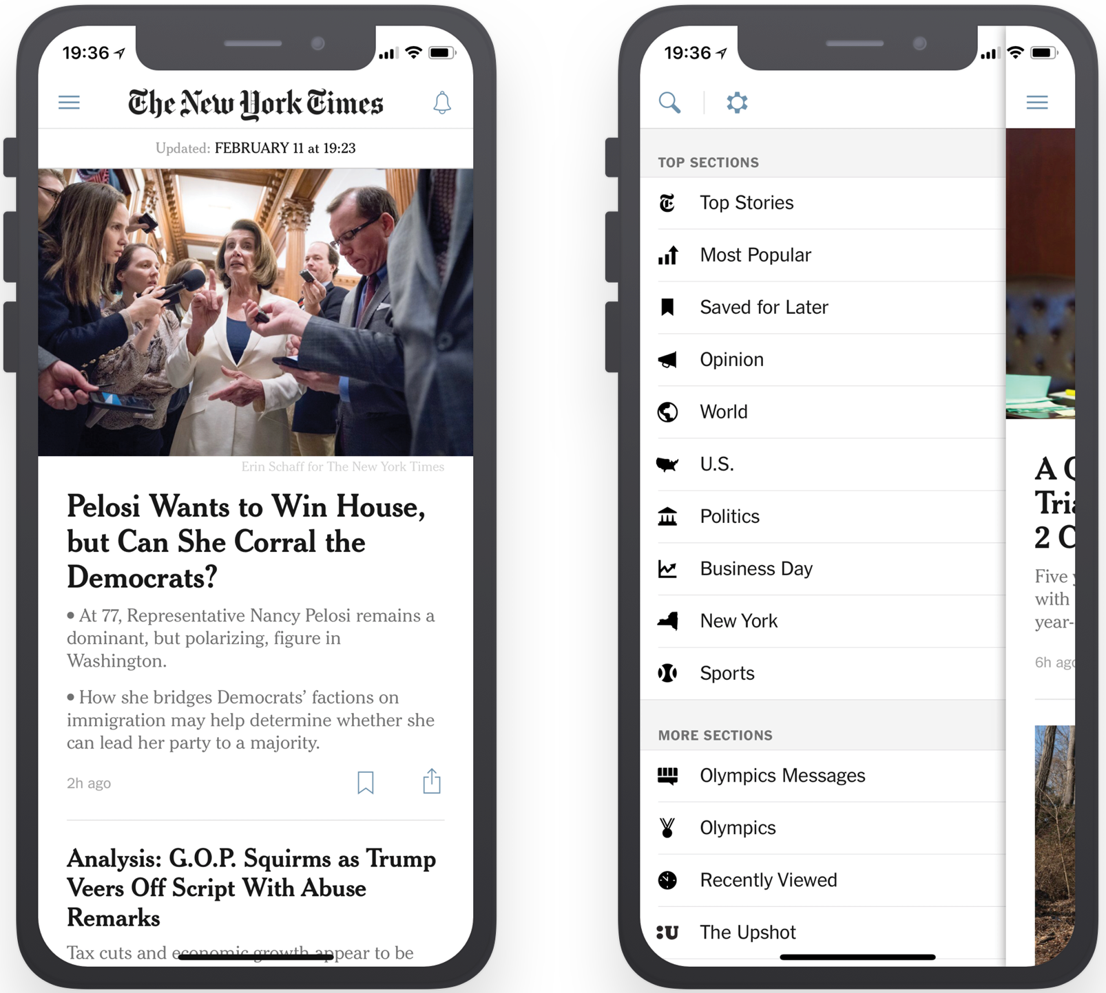 Home screen and menu of existing NYT app
