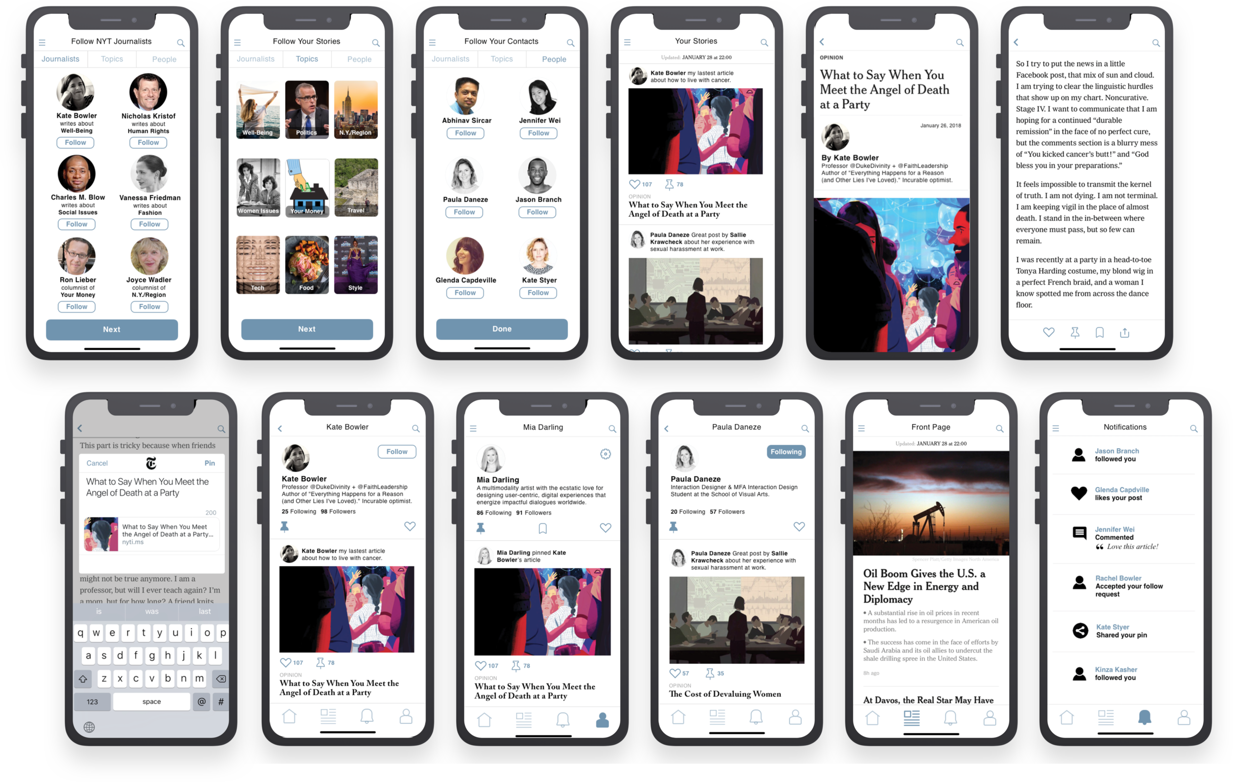Screens above, from left to right: Follow NYT Journalists, Follow Your Stories, Follow Your Contacts, Your Stories, Your Stories end view. Below: Pin (share) a Story, Journalist Profile, User Profile, Friend Profile, Front Page News and Notifications.
