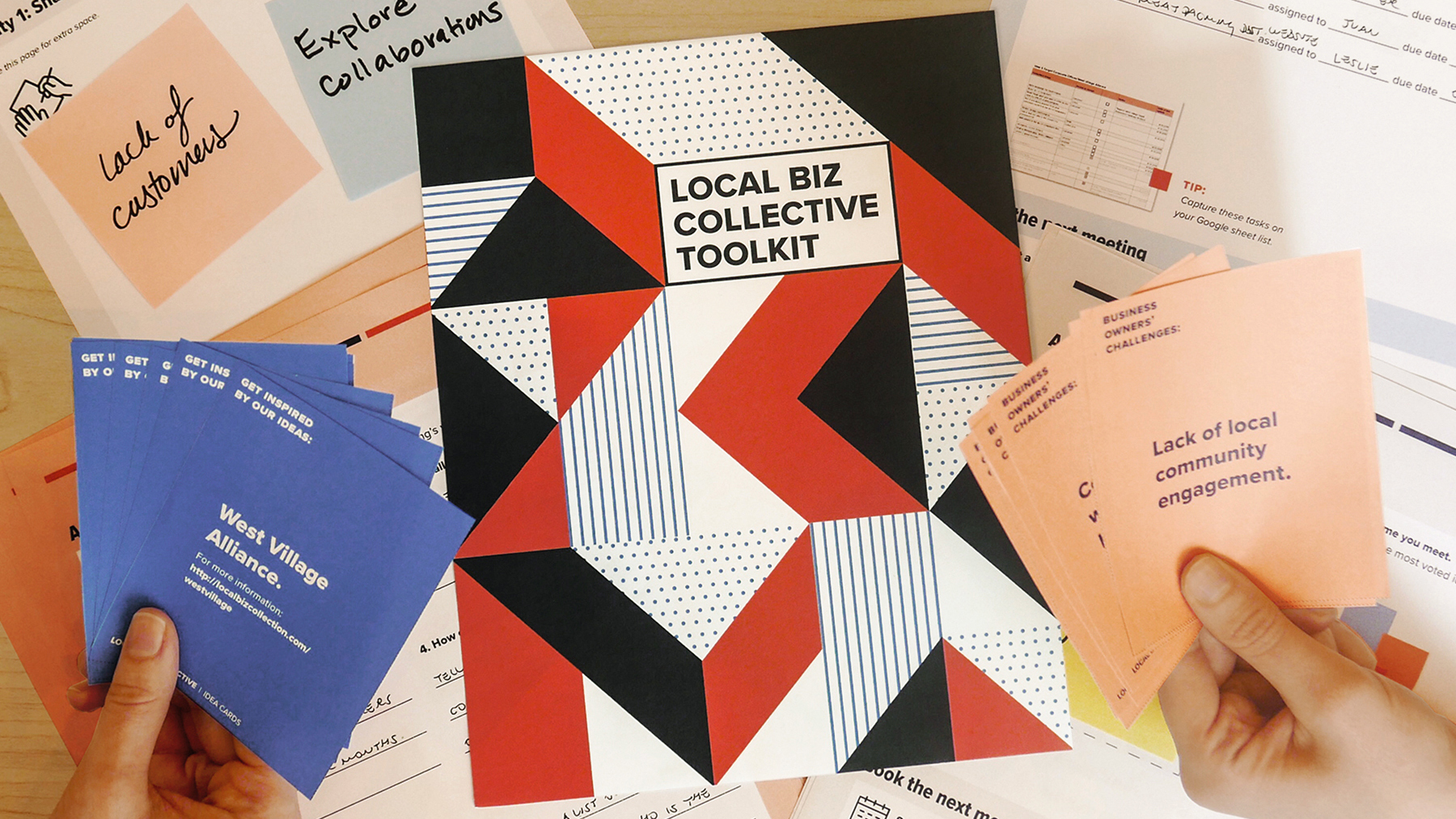 Image of final design of toolkit cover (middle), worksheets (background), idea cards (left) and challenge cards (right).