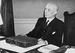 Edward Hugh John Neale Dalton (1887 – 1962) was a British Labour Party economist and politician who served as Chancellor of the Exchequer from 1945 to 1947. He shaped Labour Party foreign-policy in the 1930s, opposed pacifism, promoted rearmament against the German threat, and strongly opposed the appeasement policy of Prime Minister Neville Chamberlain in 1938.