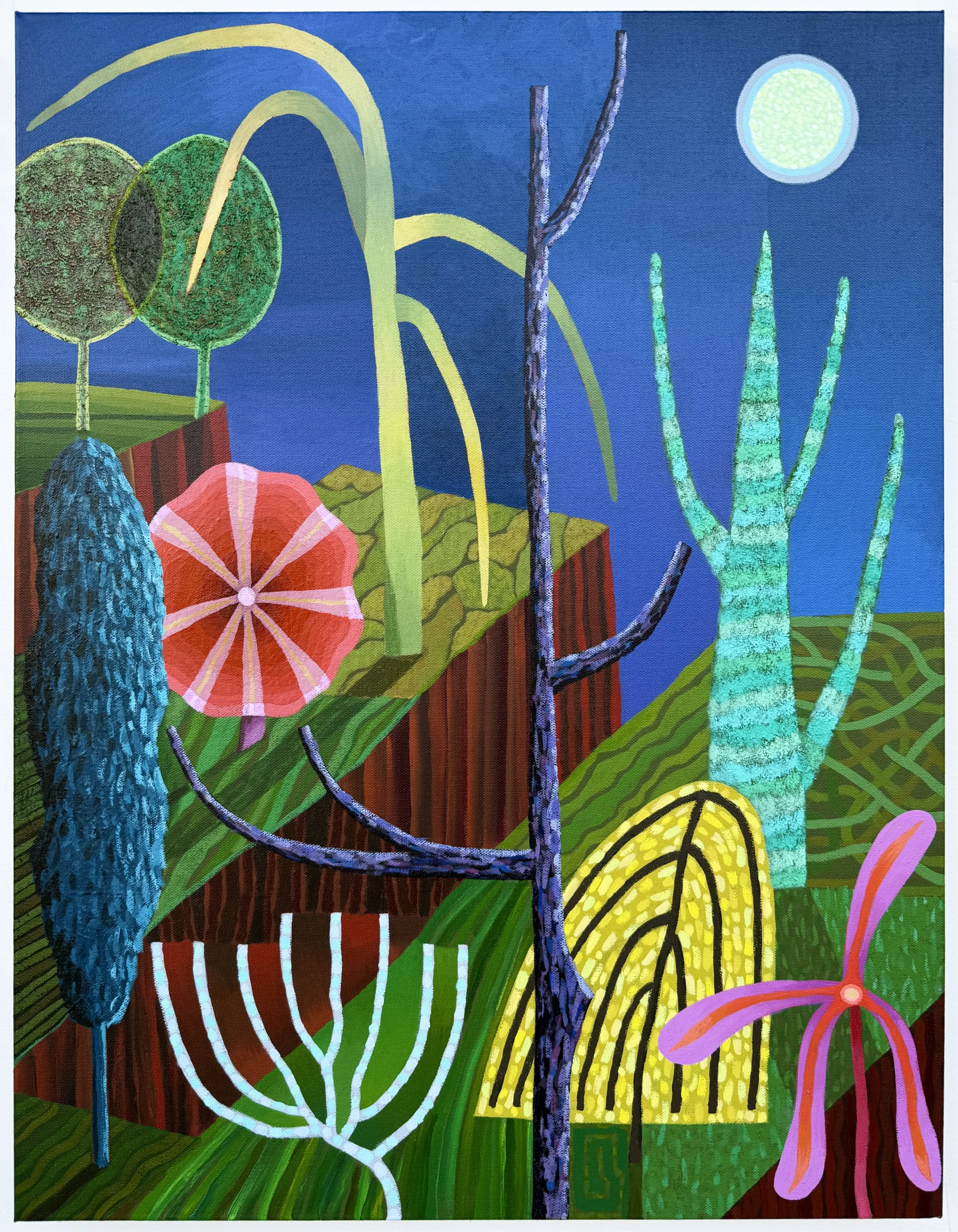   Moonlight Minglers , acrylic, sand and ink on canvas, 28×22” 