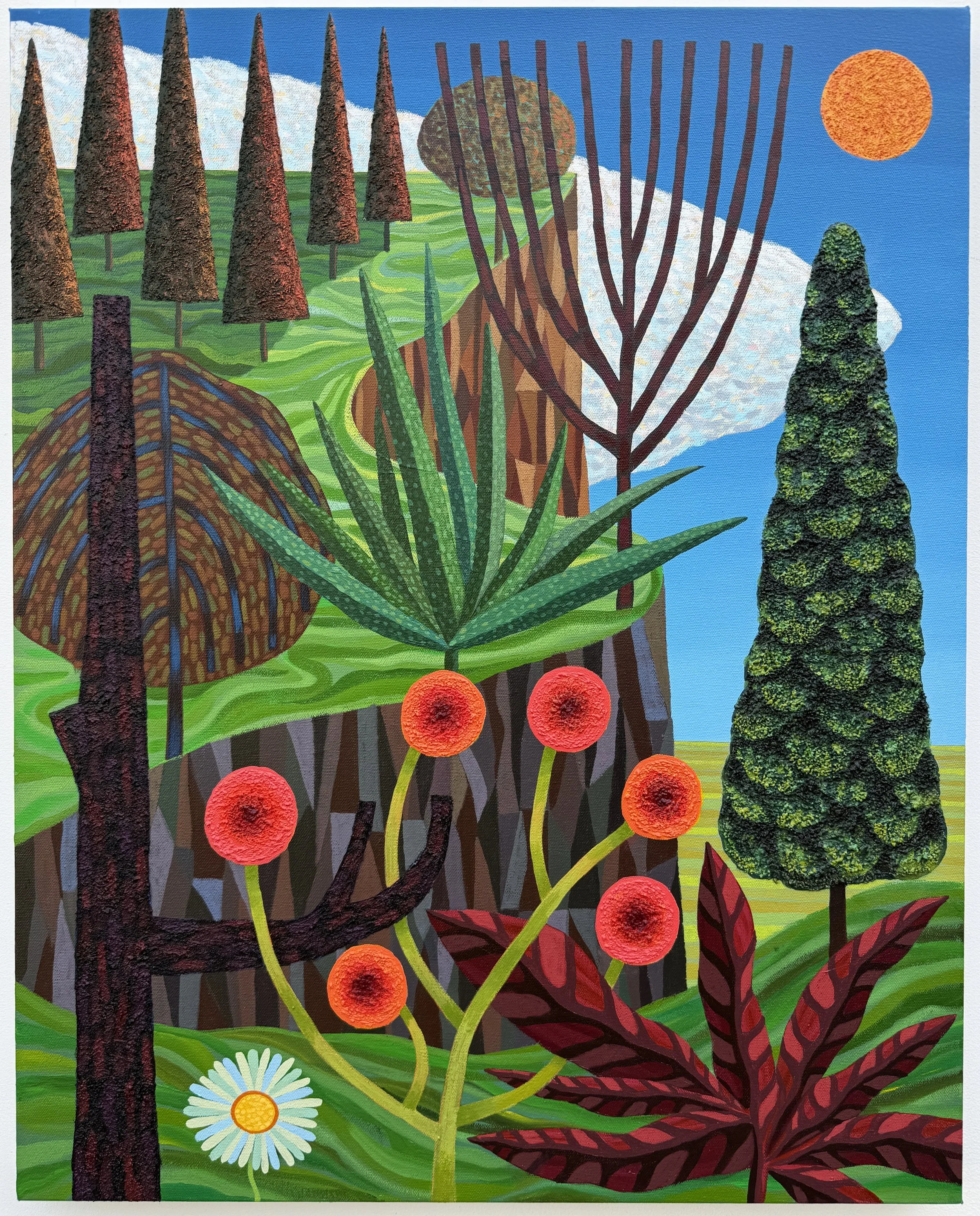   In the Daylight of Rationalization,  acrylic, ink, sand and granite on canvas, 30×24” 