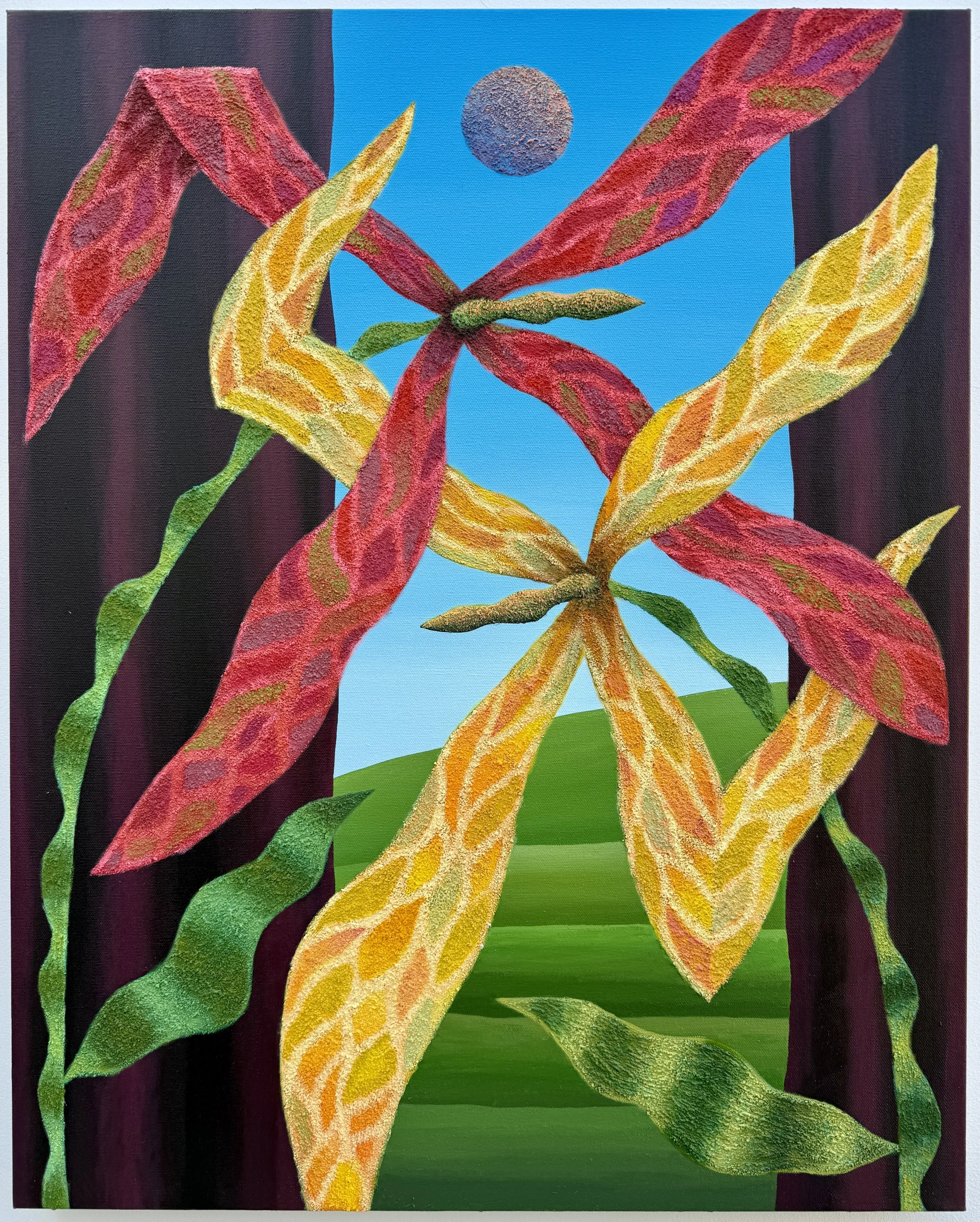   Lovers in Dust,  acrylic, ink, and sand on canvas, 30×24” 