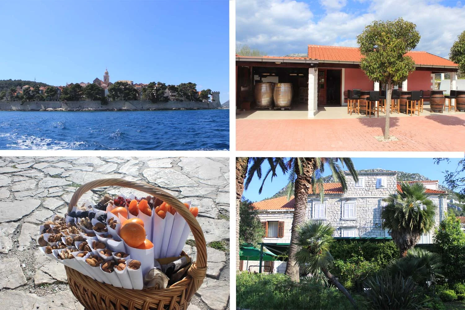 Clockwise from top Right: Korčula, Pelješac Winery, Ston, Dried Fruits | Images: Laura Messersmith