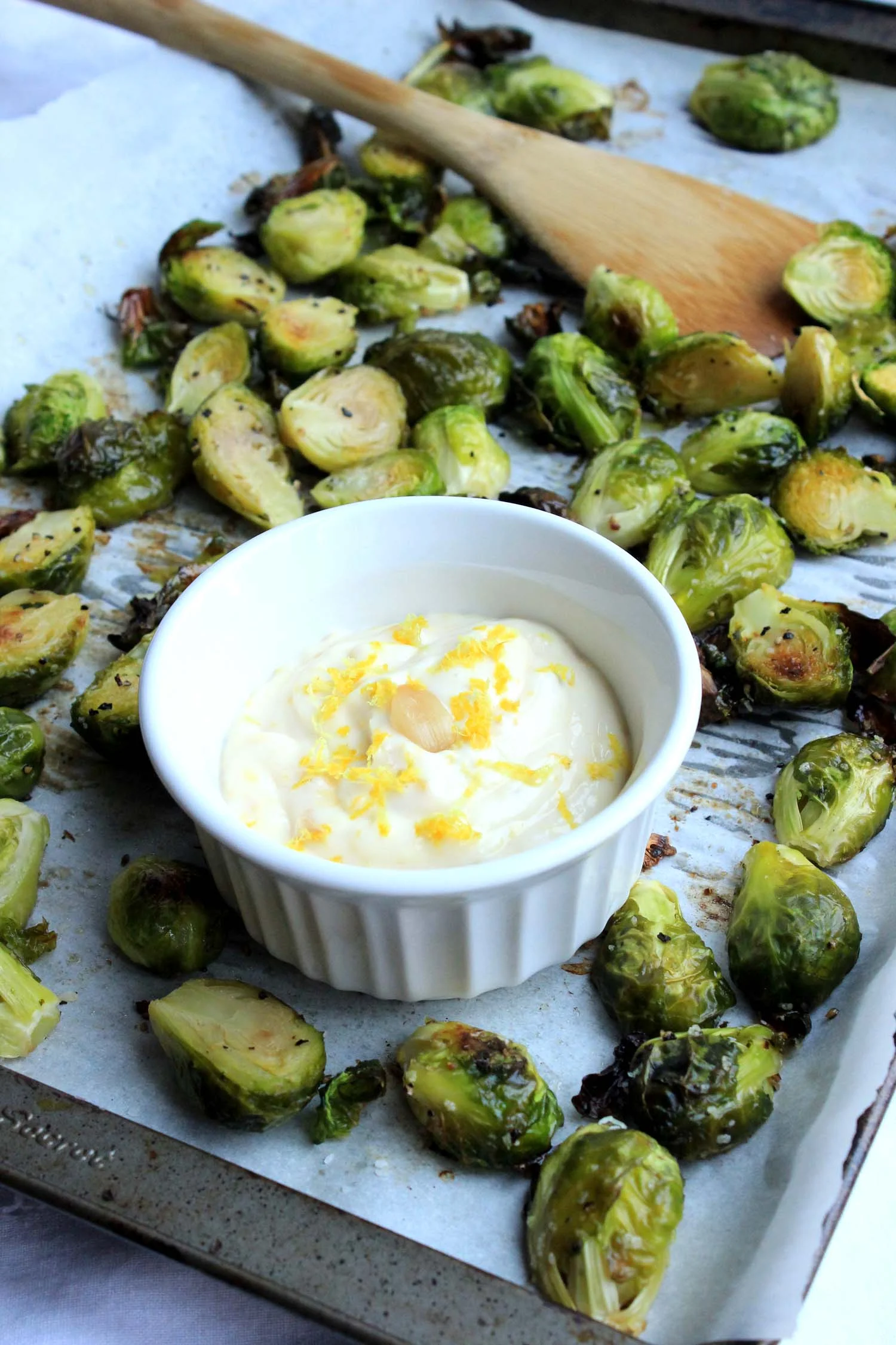 Crispy Brussels Sprouts with Roasted Garlic & Lemon Aioli — Goldfinch