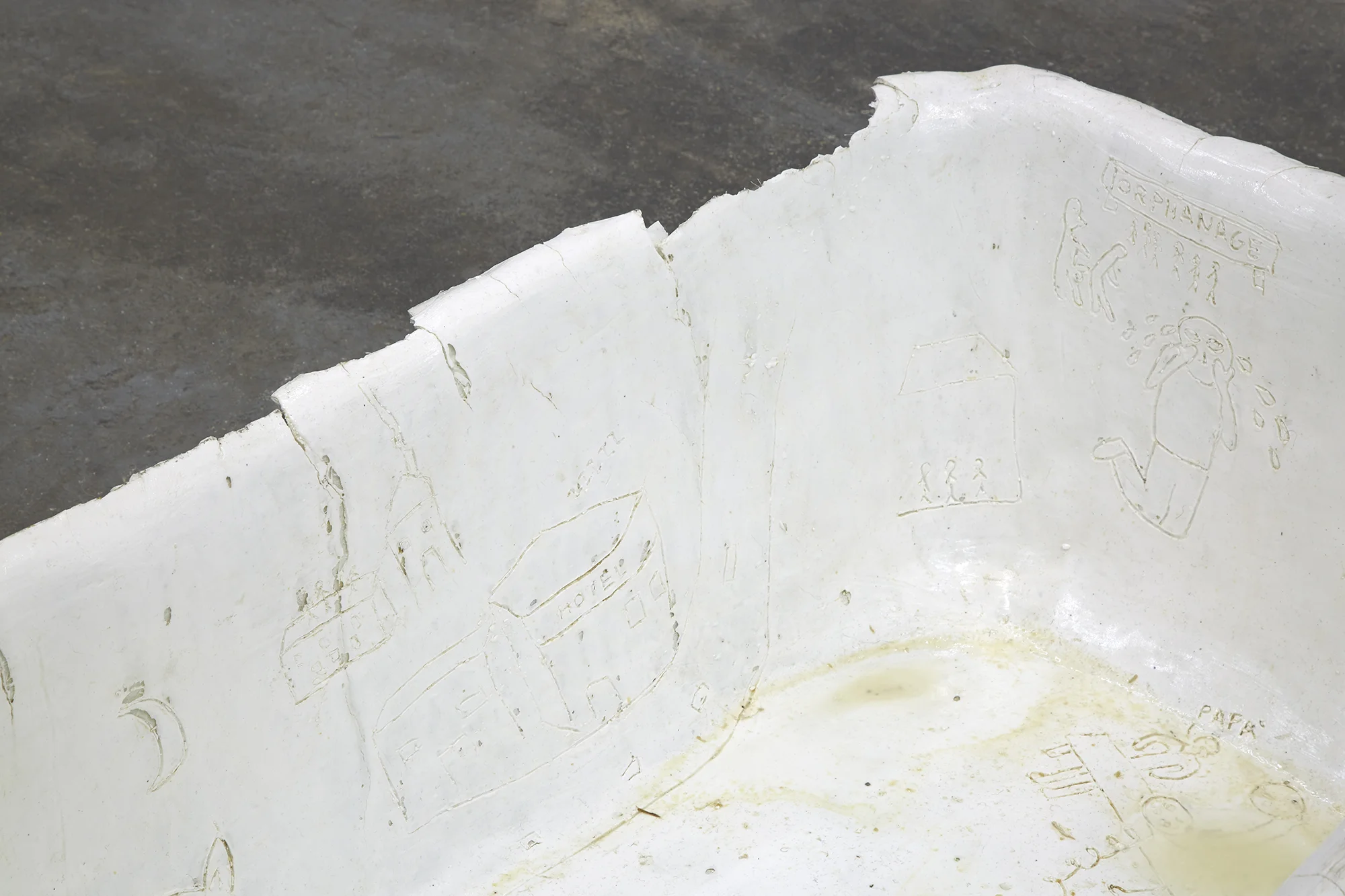 When night is made as bright as day , 2017 (detail) Dreams carved onto polyester resin, pigment, bleach, grease