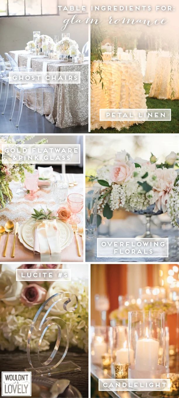 1. Ghost Chairs 2. Petal Linen 3. Gold Flatware & Pink Glass 4. Overflowing Florals 5. Lucite #s 6. Candlelight