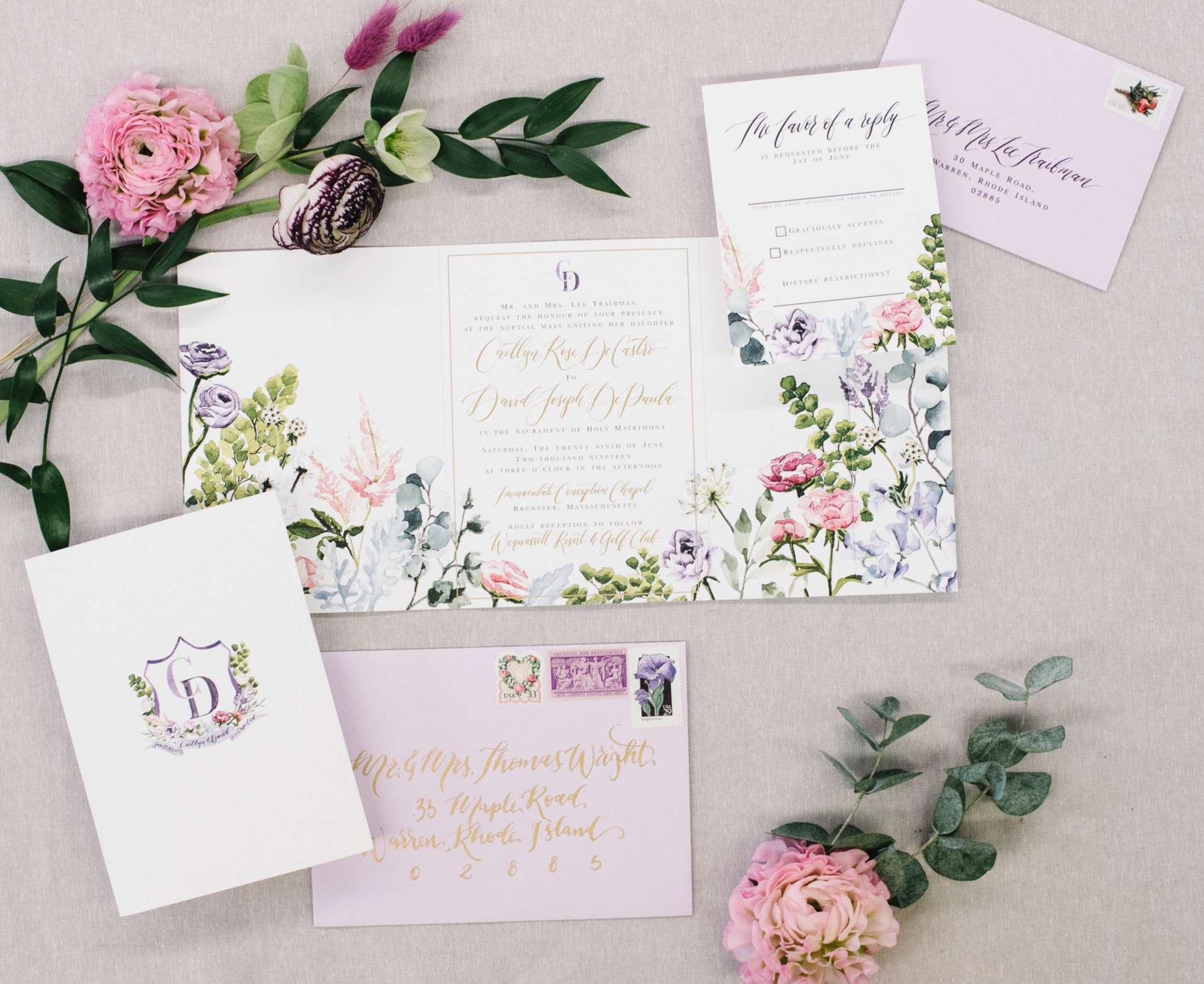PERSONALISED WEDDING INVITATIONS Romantic Silhouette Flower Garden & Envelopes