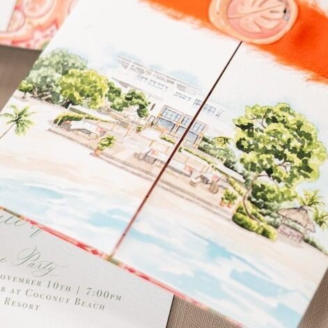 A close up of this custom watercolor of Bakers' Cay in Key Largo, FL. I think I should pack my bags- spring is not coming fast enough over here! ⁠
⁠
⁠
#customweddinginvitation #weddingvenue #customwatercolor #weddingwatercolor #weddinginvitations #we