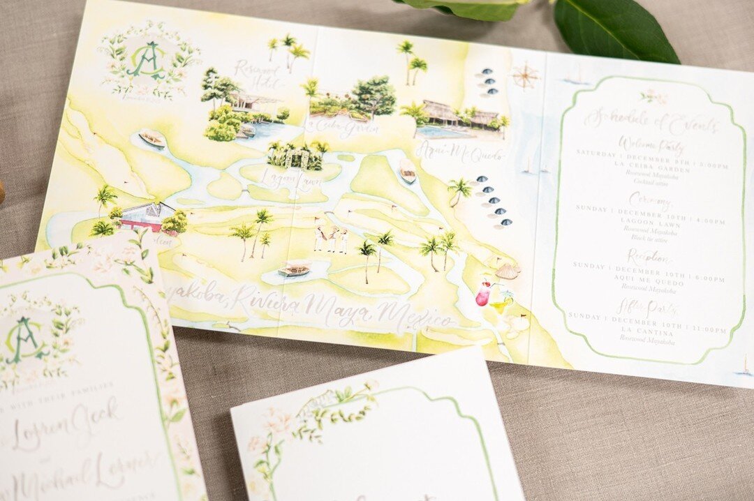 Our custom watercolor maps are sometimes of a city or the area surrounding a venue, but here we focused on the Resort where the wedding would be taking place. I'd be happy to spend a weekend here!⁠
⁠
⁠
#customweddinginvitation #weddingvenue #customwa