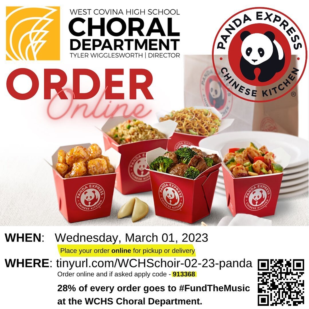EVERY FIRST WEDNESDAY

Come out and support the WCHS Choral Department every first Wednesday of the month by dinning out to help #FundTheMusic. 

March 1 - Panda Express