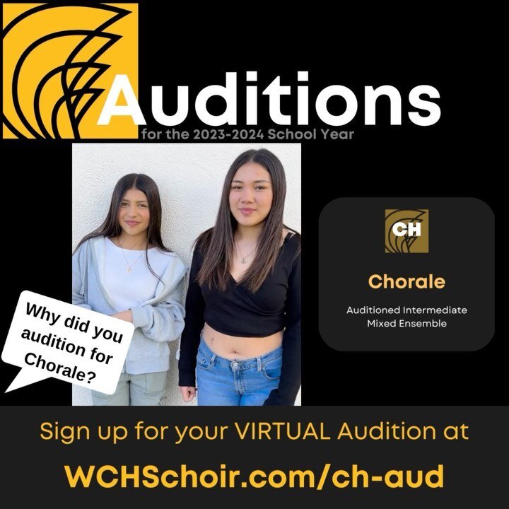 There is still time to audition for our NEW Mixed Voice Choir - CHORALE!

Current 9th, 10th, and 11th grade students can complete the virtual audition today at WCHSchoir.com/ch-aud

If you have any questions please email our Choir Director, Mr. Wiggl
