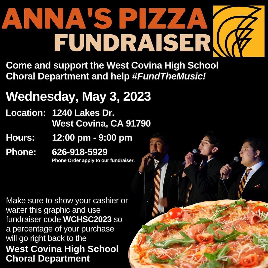 EVERY FIRST WEDNESDAY

Come out and support the WCHS Choral Department every first Wednesday of the month by dinning out to help #FundTheMusic. 

May 3 - Anna&rsquo;s Pizza