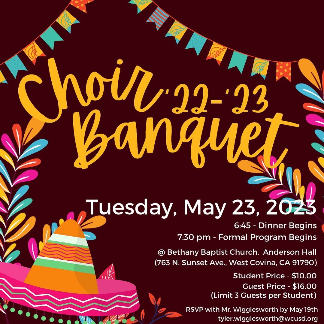 🎉 IT&rsquo;S TIME TO CELEBRATE 🎉 

Join us for our 2023 Choir Banquet - it&rsquo;s going to be a wonderful fiesta!!

With the purchase of every ticket comes a full Taco Dinner! 

Join us as we reflect and celebrate all that was accomplished this ye
