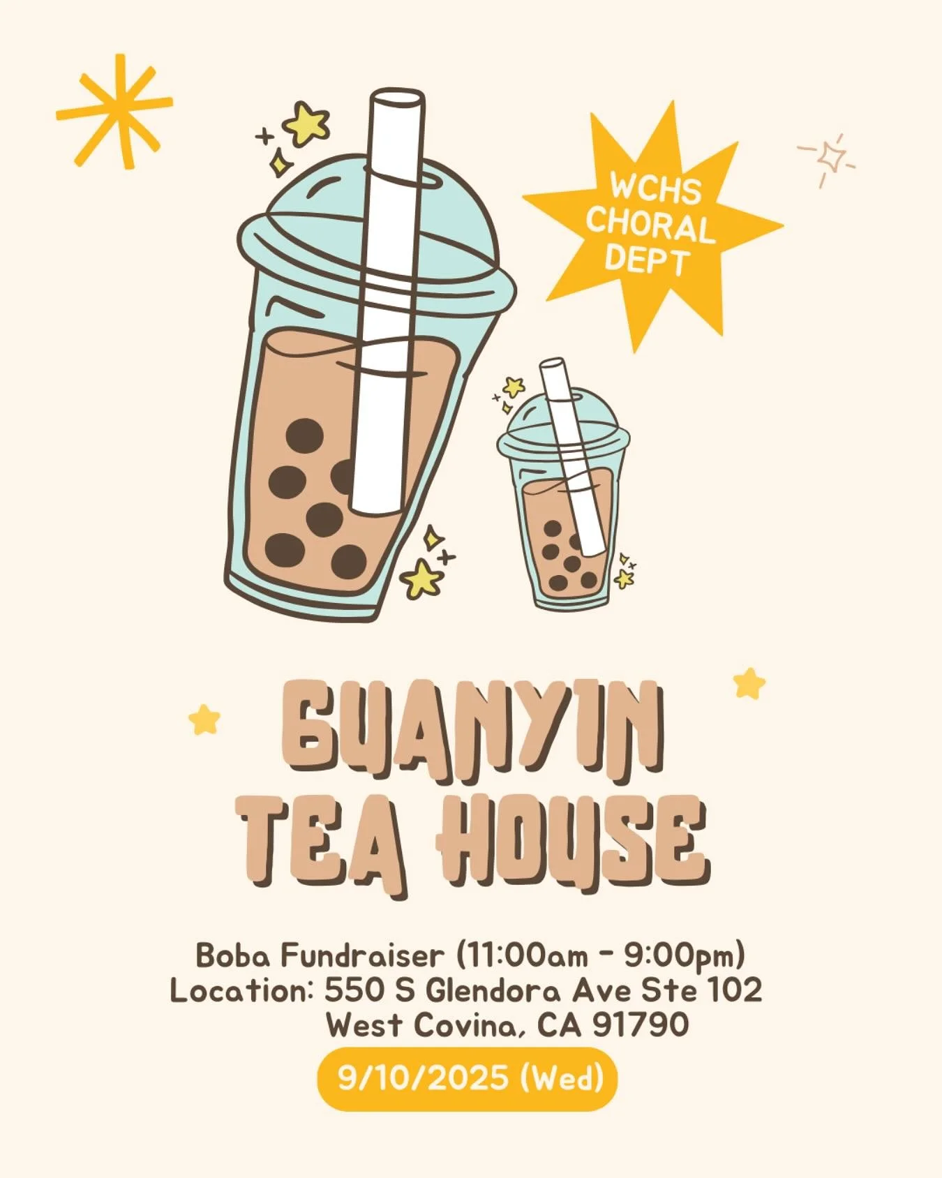 π§π BOBA + CHOIR = BEST DAY EVER! ππ§
Hey Bulldogs! Come thru to Guanyin Tea House on Wednesday, Sept. 10 (11 AM - 9 PM) and grab your fave drink π₯€ Show this graphic when you purchase drinks - A portion of sales goes straight to WCHS Choral Depar