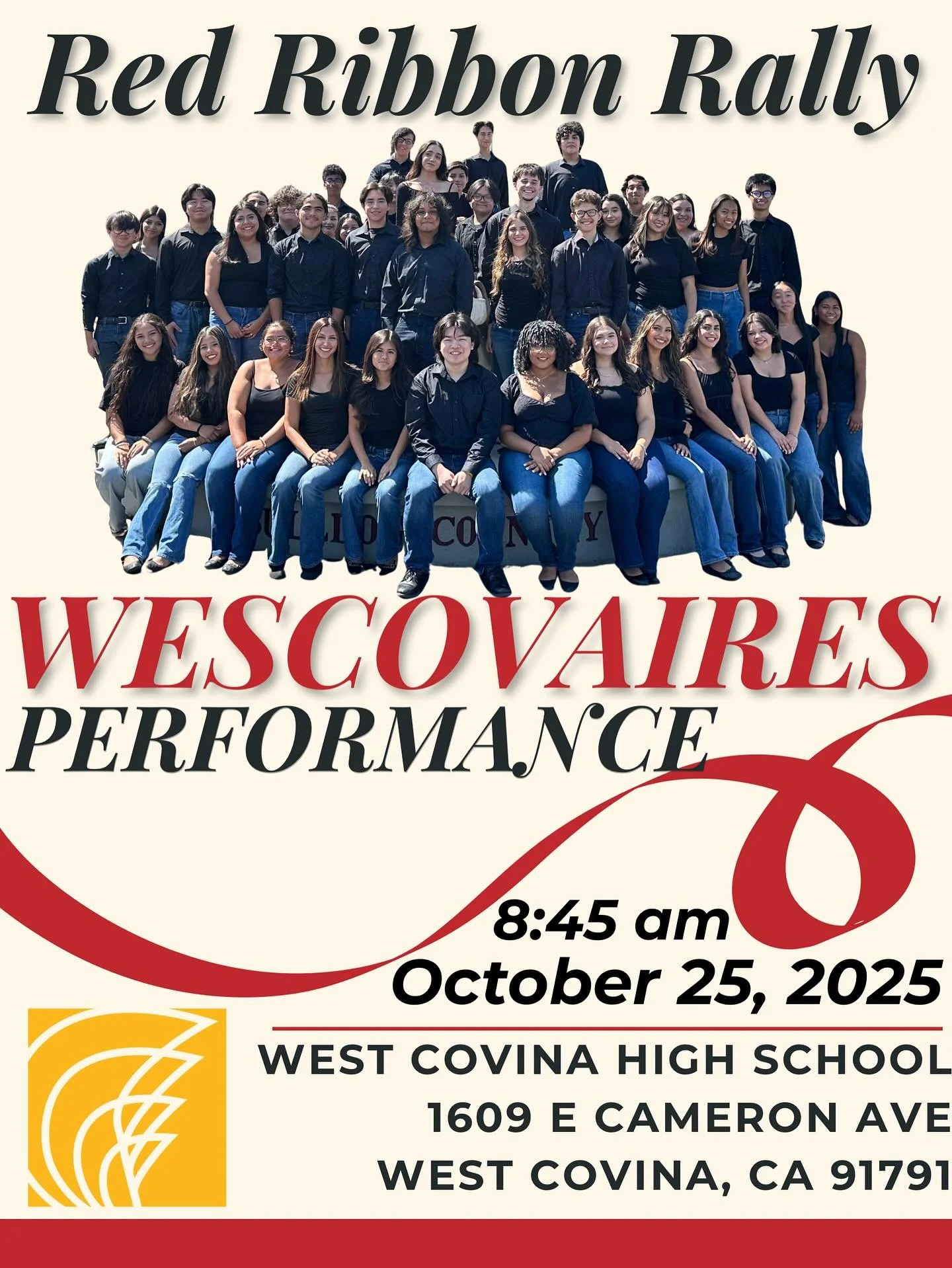 π£ Red Ribbon Rally — You’re Invited!
We’re honored to perform at this year’s Red Ribbon Rally at West Covina High School on Saturday, October 25 at 8:45 AM!
Wescovaires will be sharing a special preview of our upcoming perf