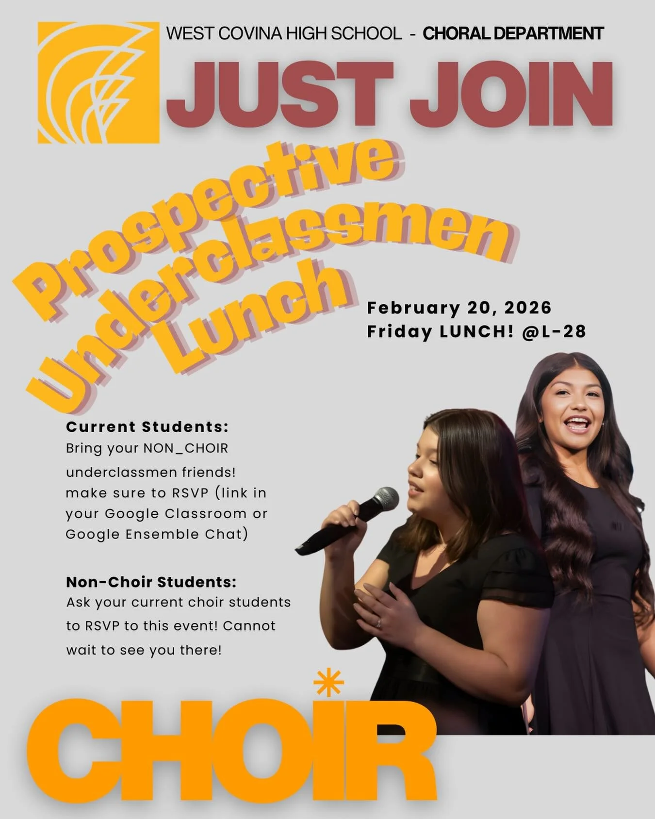 The choir family is growing! 🎶✨ 

Current choir students: It&rsquo;s time to share the magic of the Choral Department. NEXT Friday, February 20th, we are hosting our &ldquo;Prospective Underclassman Lunch&rdquo; in L28! 

This is a special opportuni