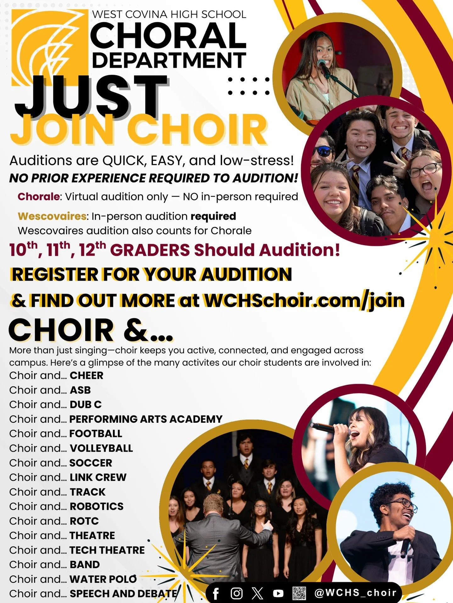Your voice belongs here. 🎼

The WCHS Choral Department is looking for the next generation of artists and leaders. Whether you want a seat in a powerhouse auditioned ensemble like Wescovaires or a home in our non-auditioned ensembles, we have a place