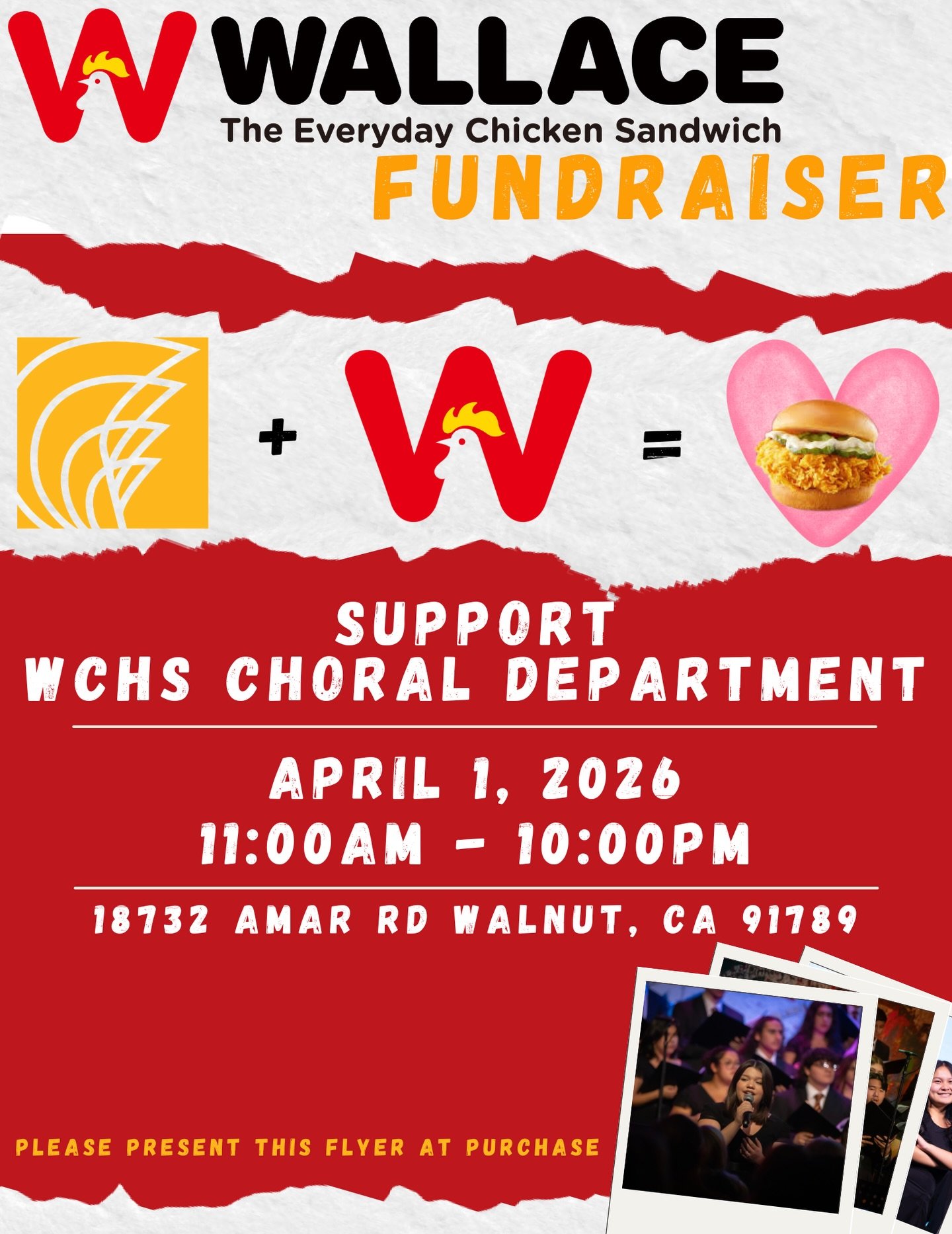 Dinner is served, and the cause couldn&rsquo;t be better! 🍗✨

On Wednesday, April 1st, we are partnering with Wallace Chicken for a full day of fundraising to support the WCHS Choral Department. Whether you&rsquo;re grabbing a quick lunch or bringin