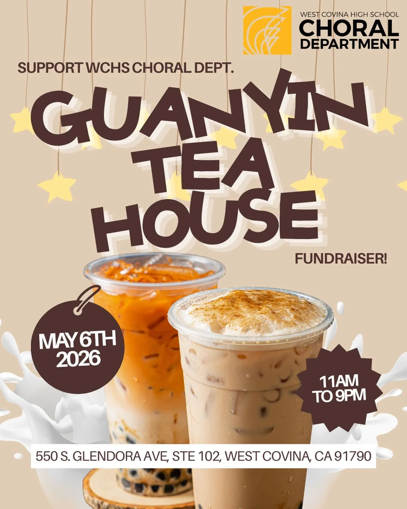 Grab your friends and sip for a cause 🧋🎶
Join us at Guanyin Tea House and support the WCHS Choral Department! Every purchase helps our singers continue making music and memories.

📅 Date: May 6, 2026 ⏰ Time: 11AM&ndash;9PM 📍 Location: 550 S. Glen