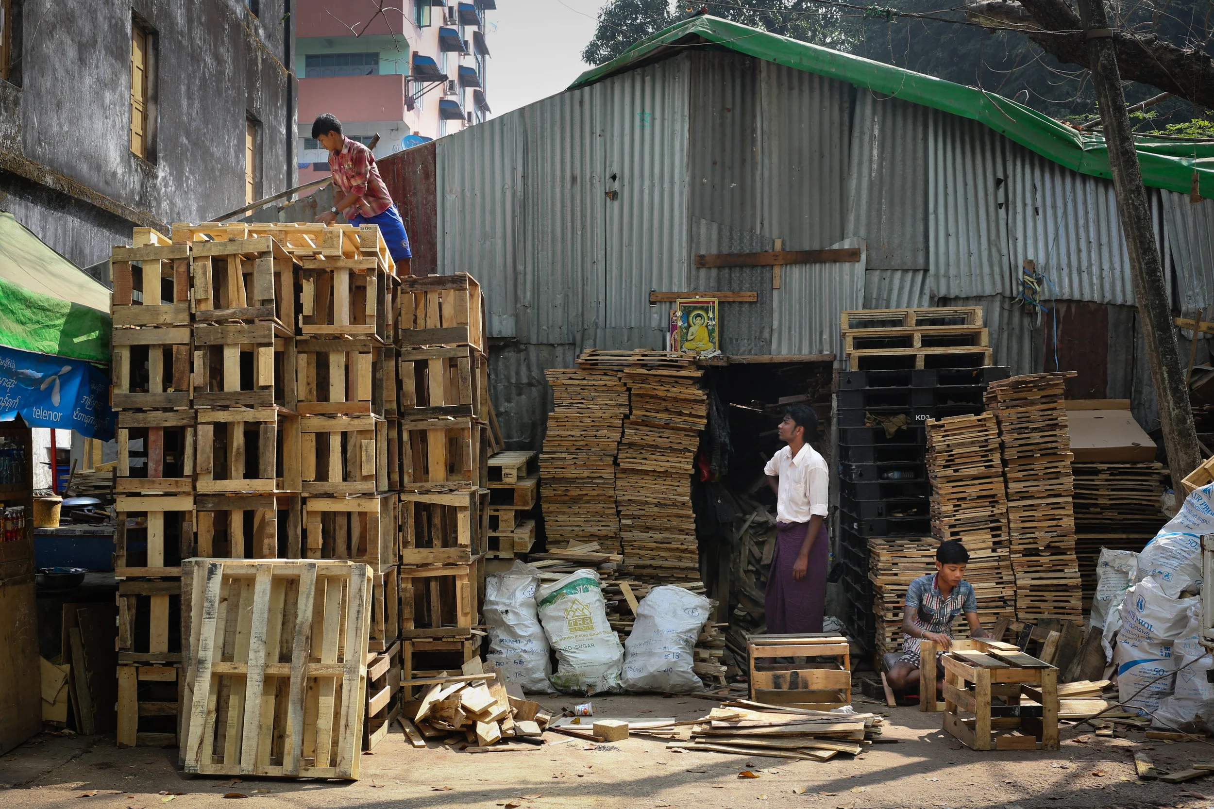 Pallet builders on 54th St. Yangon, Myanmar