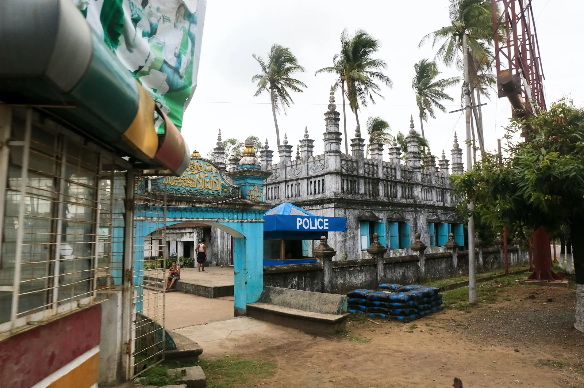A mosque sits vacant and guarded by police in Sittwe, Rakhine State. The mosques have been empty since the 2012 violence. June 2017