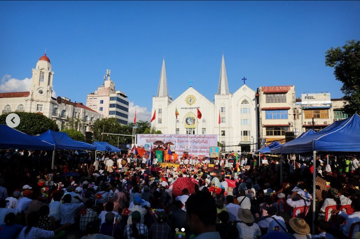 Attendees of the pro-military nationalist rally in Yangon.